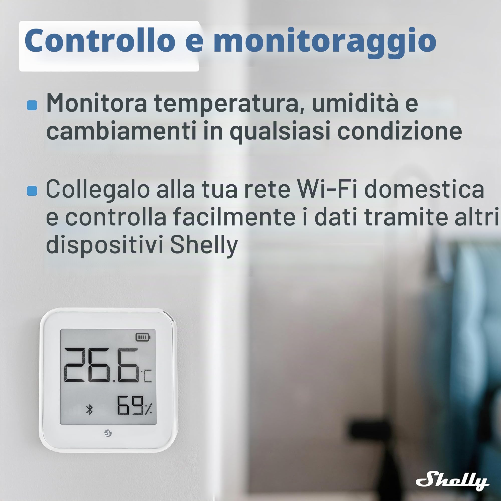 Shelly Plus H&T - Sensore di umidità e temperatura Wi-Fi & Bluetooth, Termometro e Igrometro, Casa intelligente, Compatible con Alexa e Google home, App iOS Android