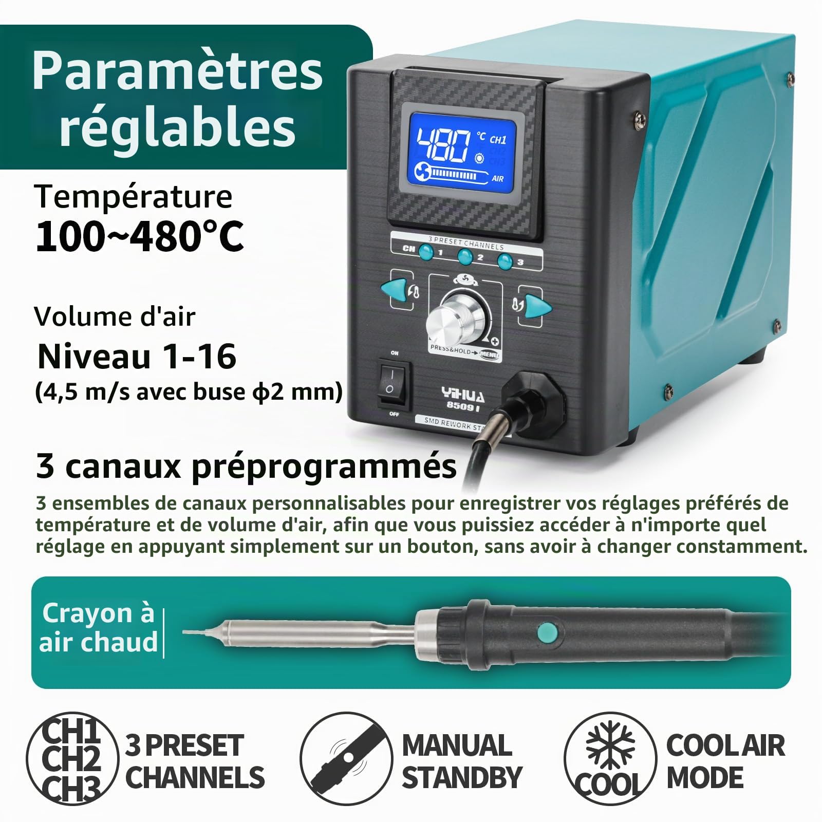 YIHUA 8509-I Station de Soudage à Air Chaud, Station Air Chaud avec Chauffage Rapide et Précis, Écran Inclinable, 3 Canaux Pré-réglés. 8 Buses pour Retouche et Réparation SMD pour la Micro-Soudure