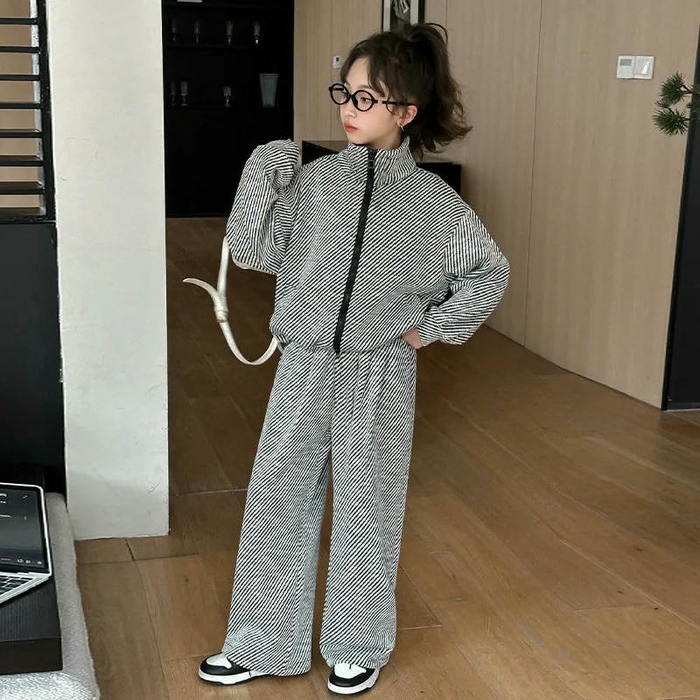 GLDFW - Conjunto de 2 piezas para niñas y adolescentes, a la moda, chaqueta a rayas y pantalones deportivos sueltos