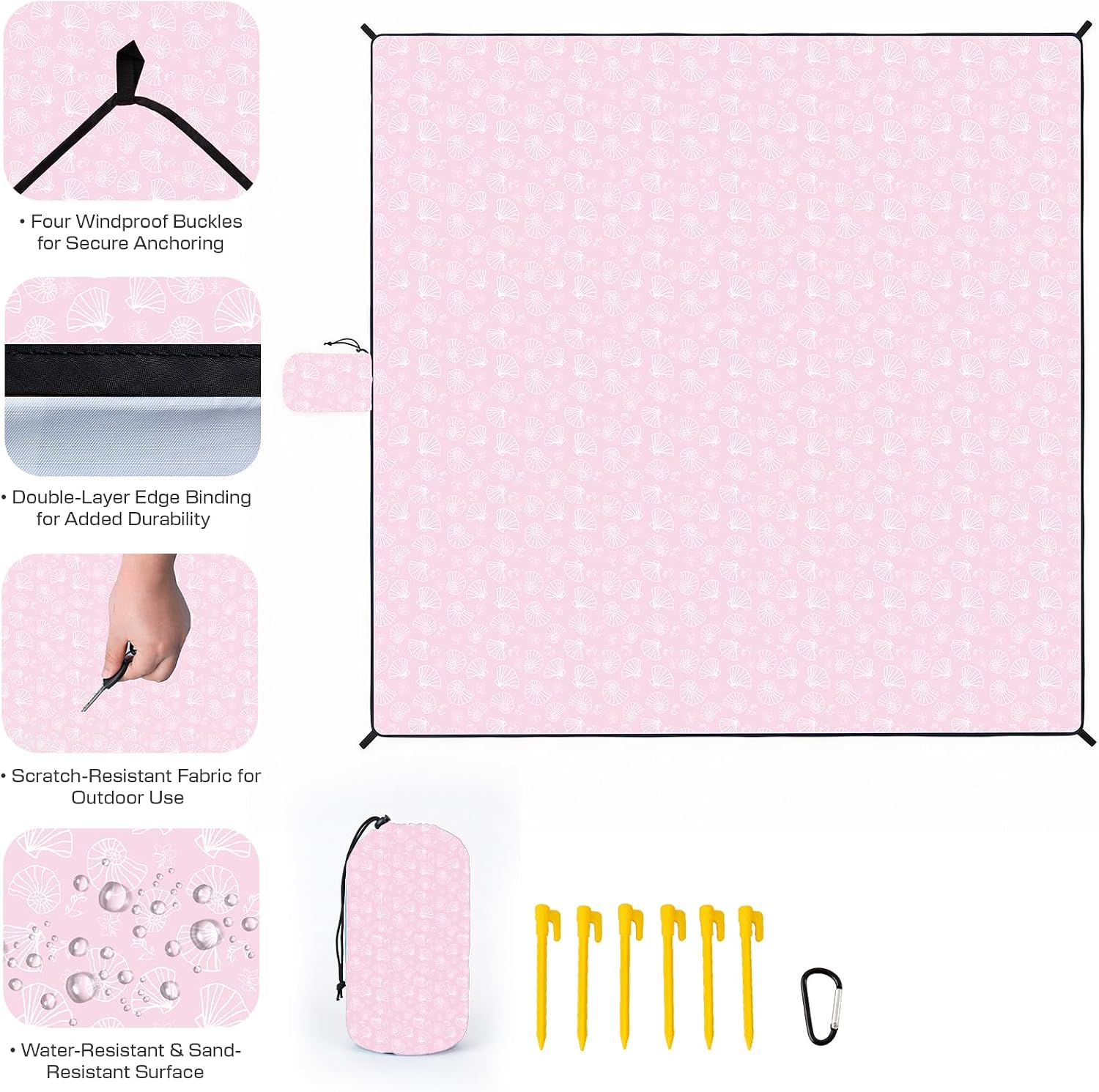 OIGAE Family Beach Blanket, 7×8 ft Sand-Free Picnic Mat for 1–4 People, Quick-Dry Lightweight Outdoor Blanket with Stakes & Corner Pockets, Shell, Pink