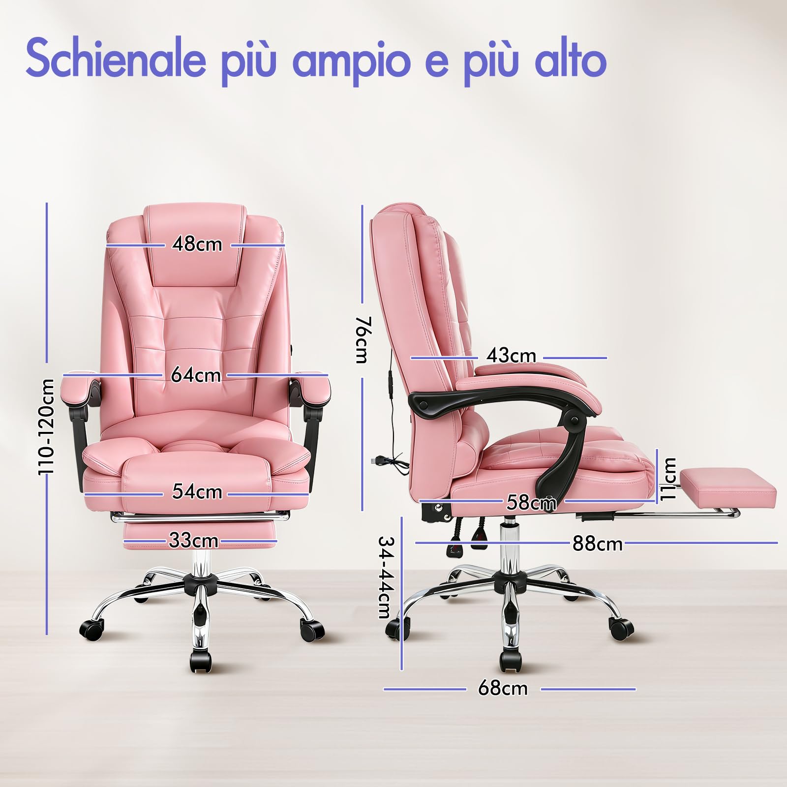 ALFORDSON Sedia Ufficio Ergonomica con Massaggio, Sedia Scrivania con Poggiapiedi e Supporto Lombare, Poltrona Girevole con Rotelle per Studio e Sala Riunioni, Similpelle(Rosa)