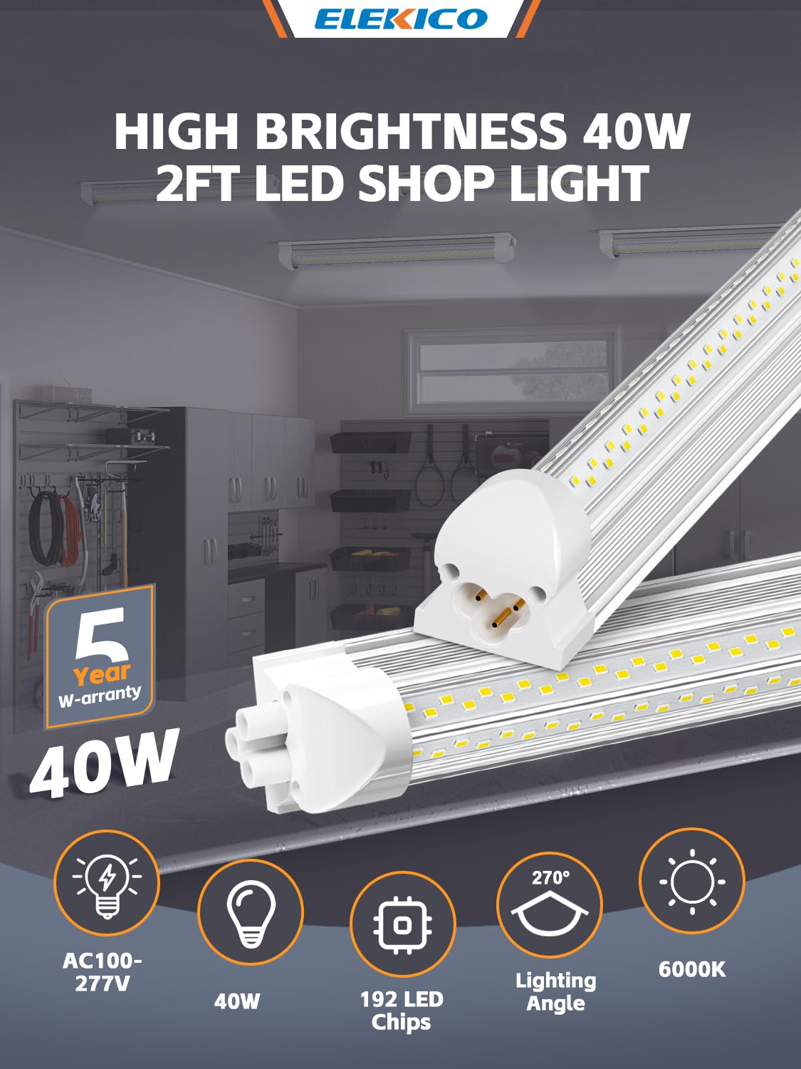 4 Pack 2ft Led Shop Lights 6000k 40w 5600lm 24 Inch Led Light Fixture Power Cord Wth on — view 2