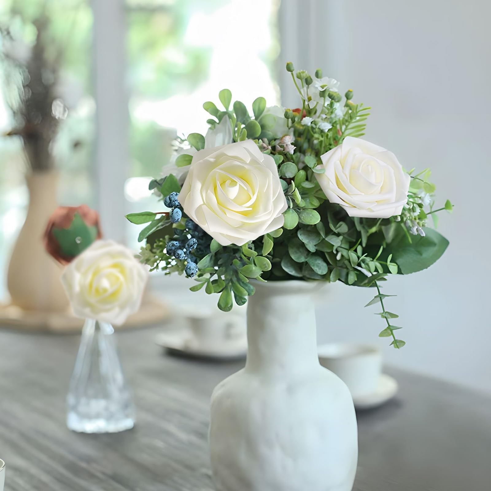 Fiori artificiali, 70 pezzi, fiori di seta con stelo, fiori finti per bouquet da sposa, centrotavola, fai da te, addio al nubilato, decorazioni per