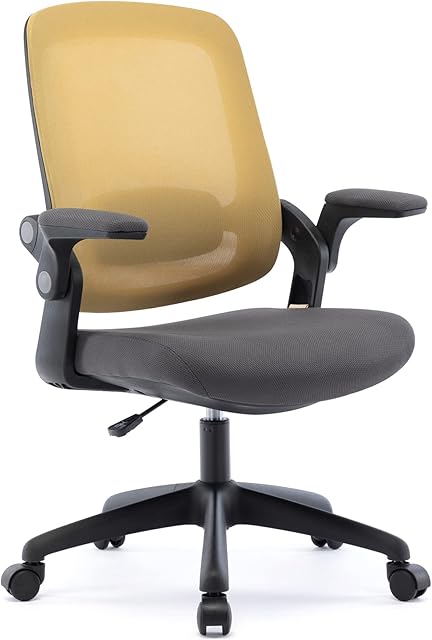 HNNHOME Ares Office Desk Chair with Flip - Up Armrest, Swivel Ergonomic Computer Chair with Lumbar Support, Executive Fabric Mesh Chair (Yellow)