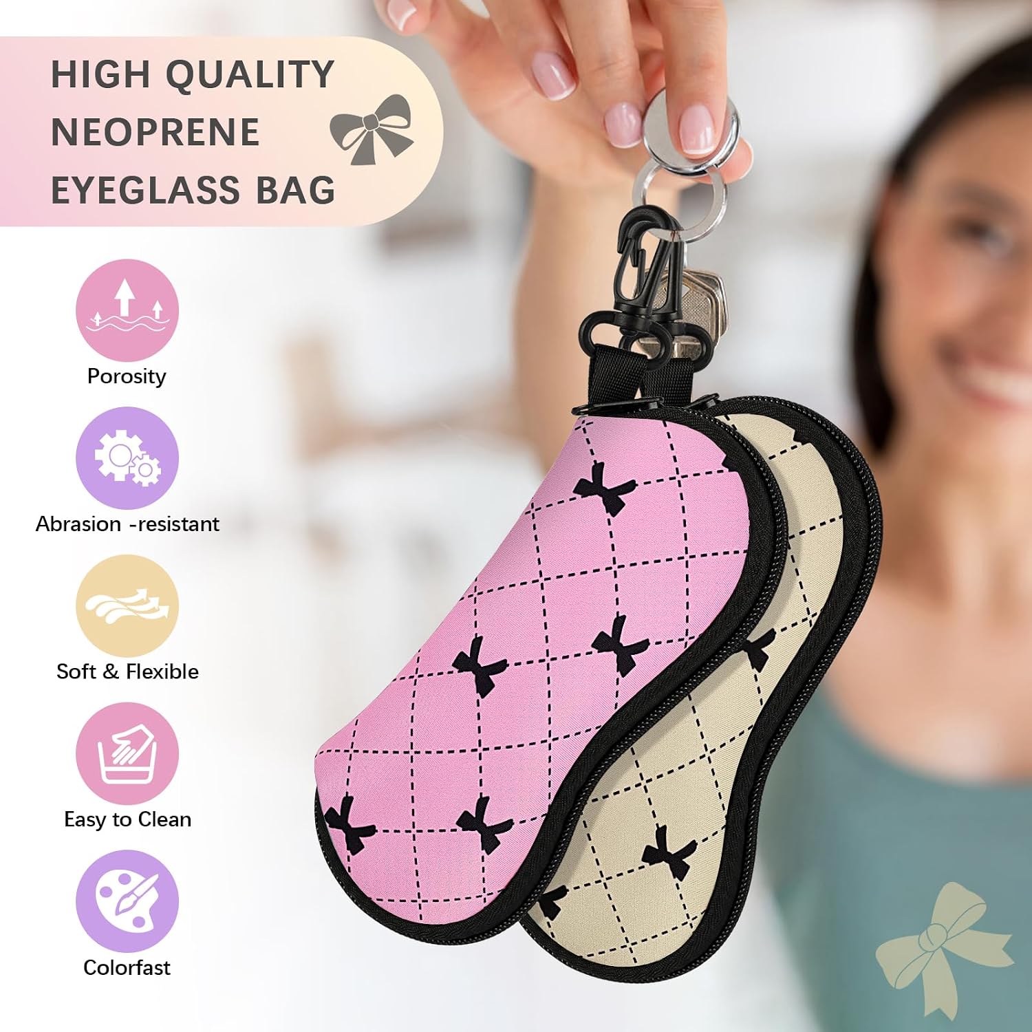 2 Pack Sunglasses Case, Neoprene Zipper Eyeglass Case, Soft Glass Travel Pouch with Clip for Women Men