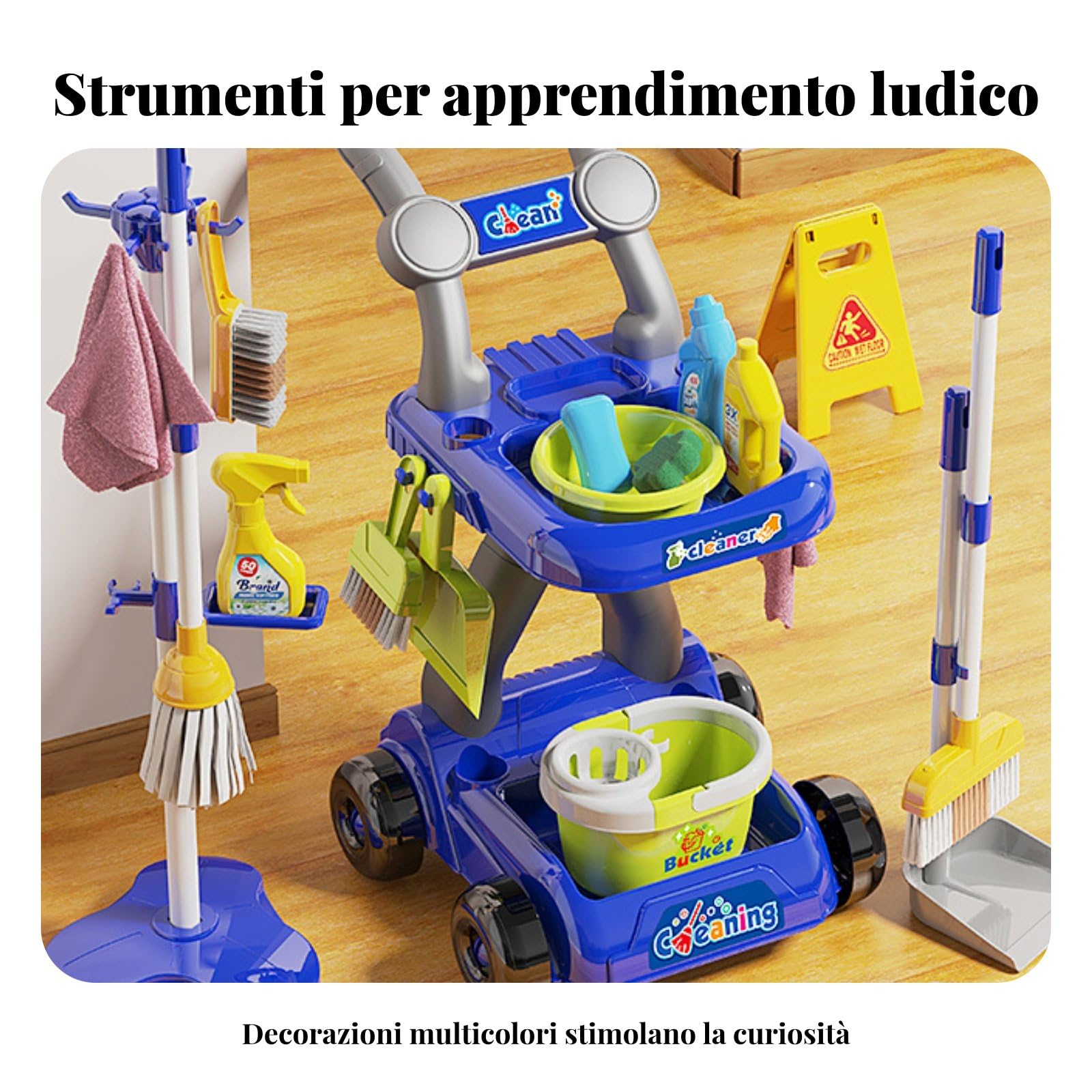 Children Cleaning Playset Set de Aseo Infantil Juguete Educativo Escoba Trapeador Recogedor Plástico con Base de Guardado Herramientas a Tamaño , Azul , SetTrolley18pzs