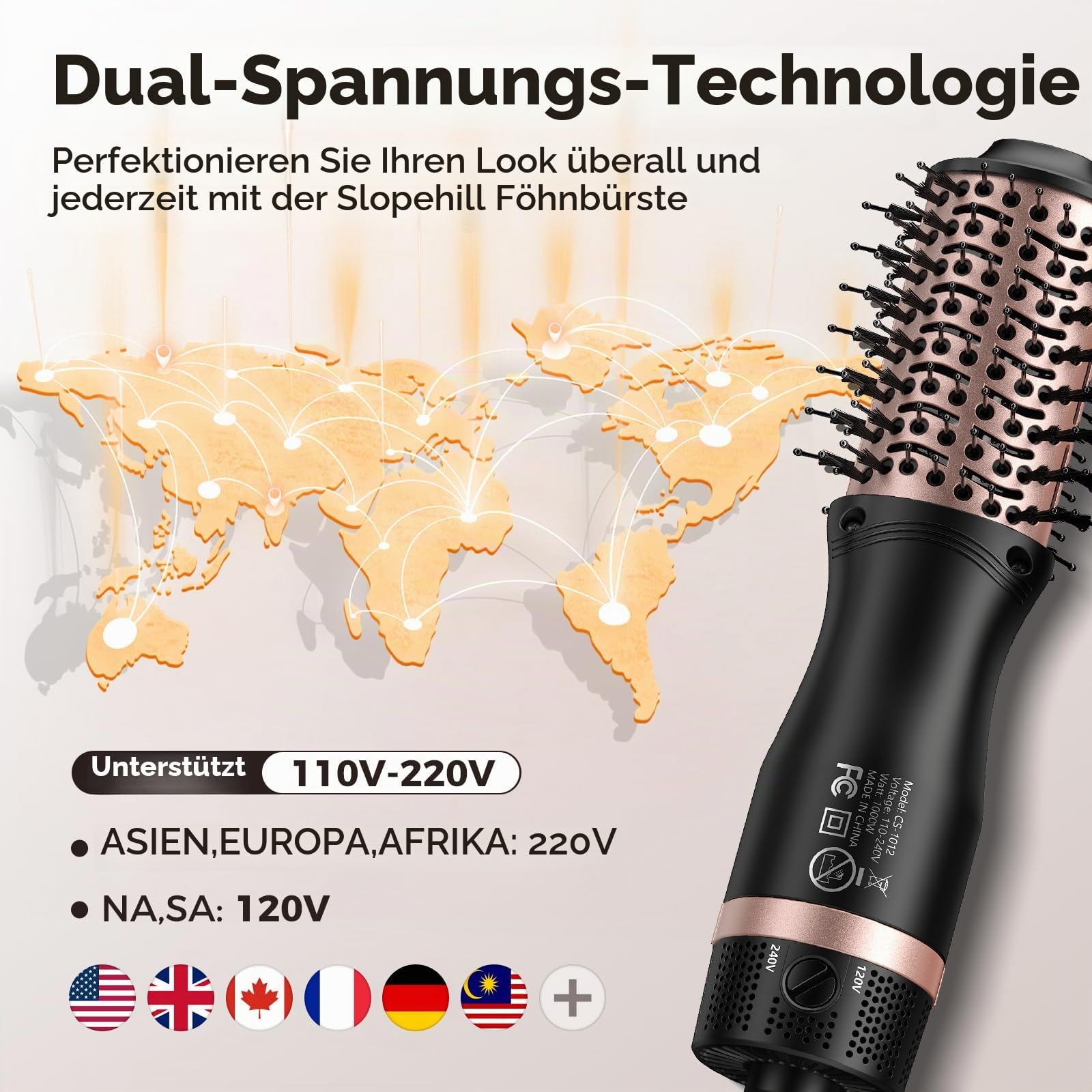 Slopehill Dual Voltage Hair Dryer Brush, Travel Hot Air Brush mit europäischem Stecker, Mini Ionic Hair Dryer und Styler für Frauen, 1000 Watt, 2 Heat & 2 Speed Settings (roségold)