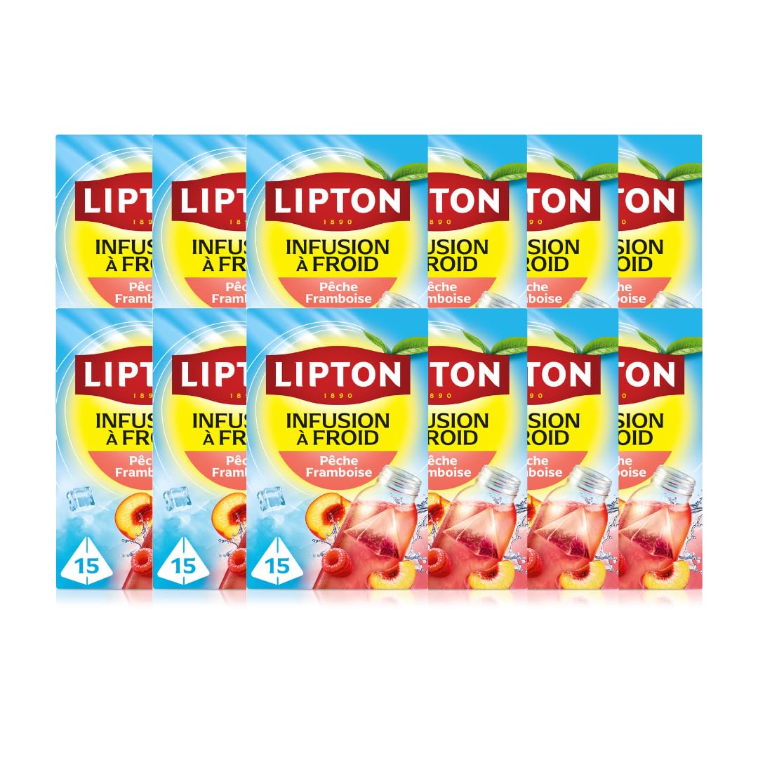 Lipton, Infuse à Froid, Infusion à Froid, Goût Pêche Framboise, Idéale pour le Thé Glacé, Ingrédients d'Origine 100% Naturelle, 15x12 Sachets Pyramid, 180 Sachets