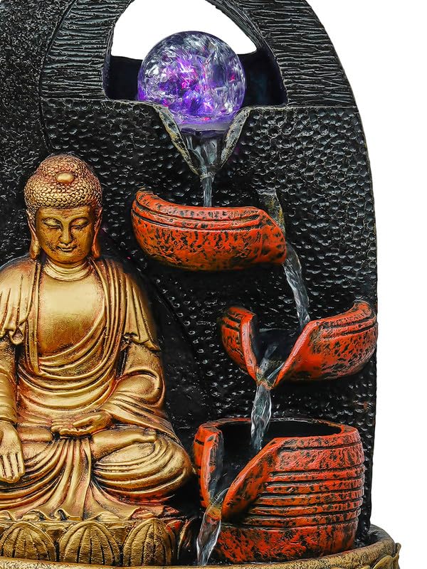 Image of Golden Brown Polyresin Tabletop Buddha 4 Step Indoor Water Fountain for Home Decor with LED, Speed Control Pump (Size: 24 x 18 x 36 CM | Weight: 1740Gram)