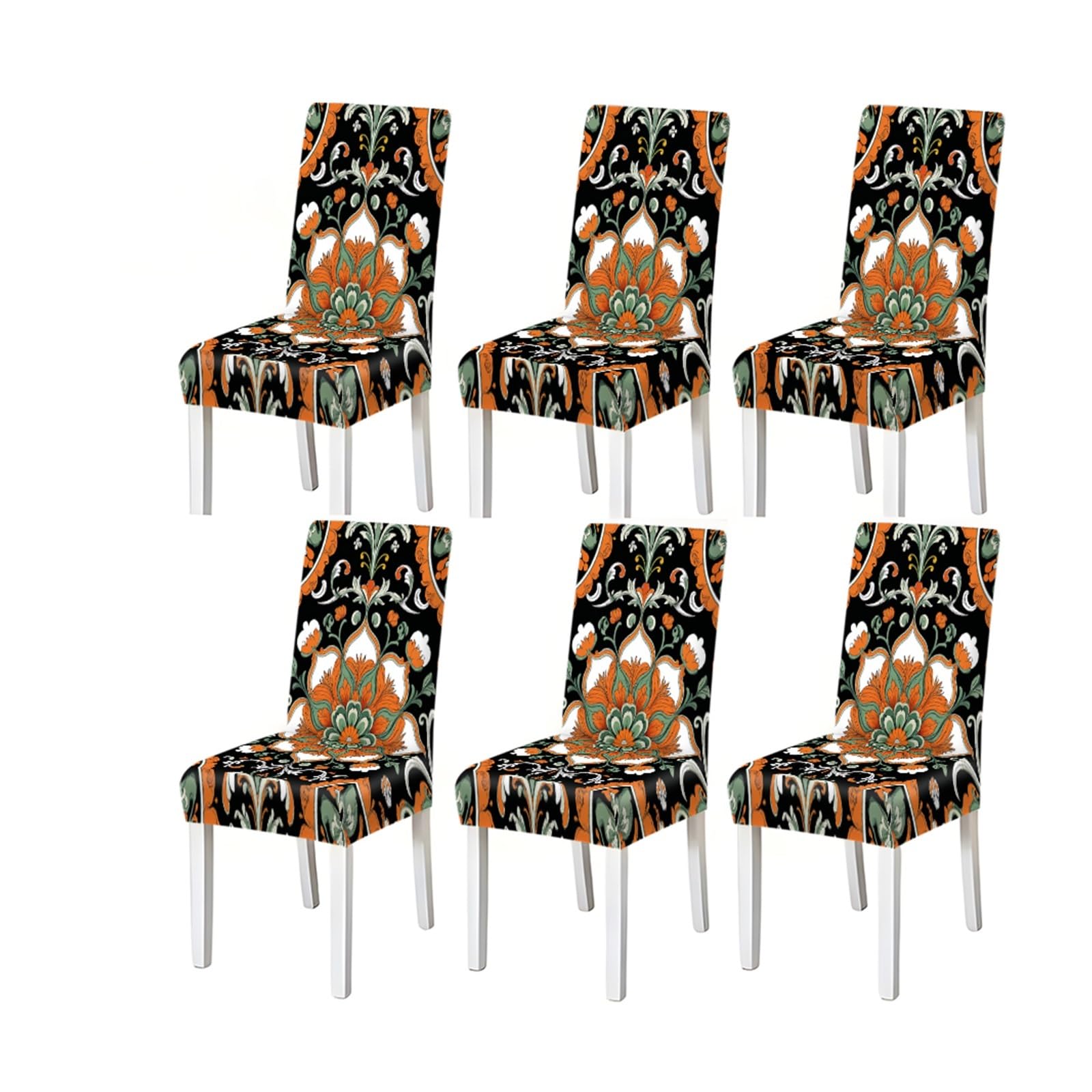 Bosuybn One Color Bohemian Orange Green Damask Floral Pattern Print Dining Chair Covers Set Of 2/4/6, Stretch Slipcovers For Kitchen Dining Room Furniture Protectors For Home Dining Room(6Pcschair Cover)