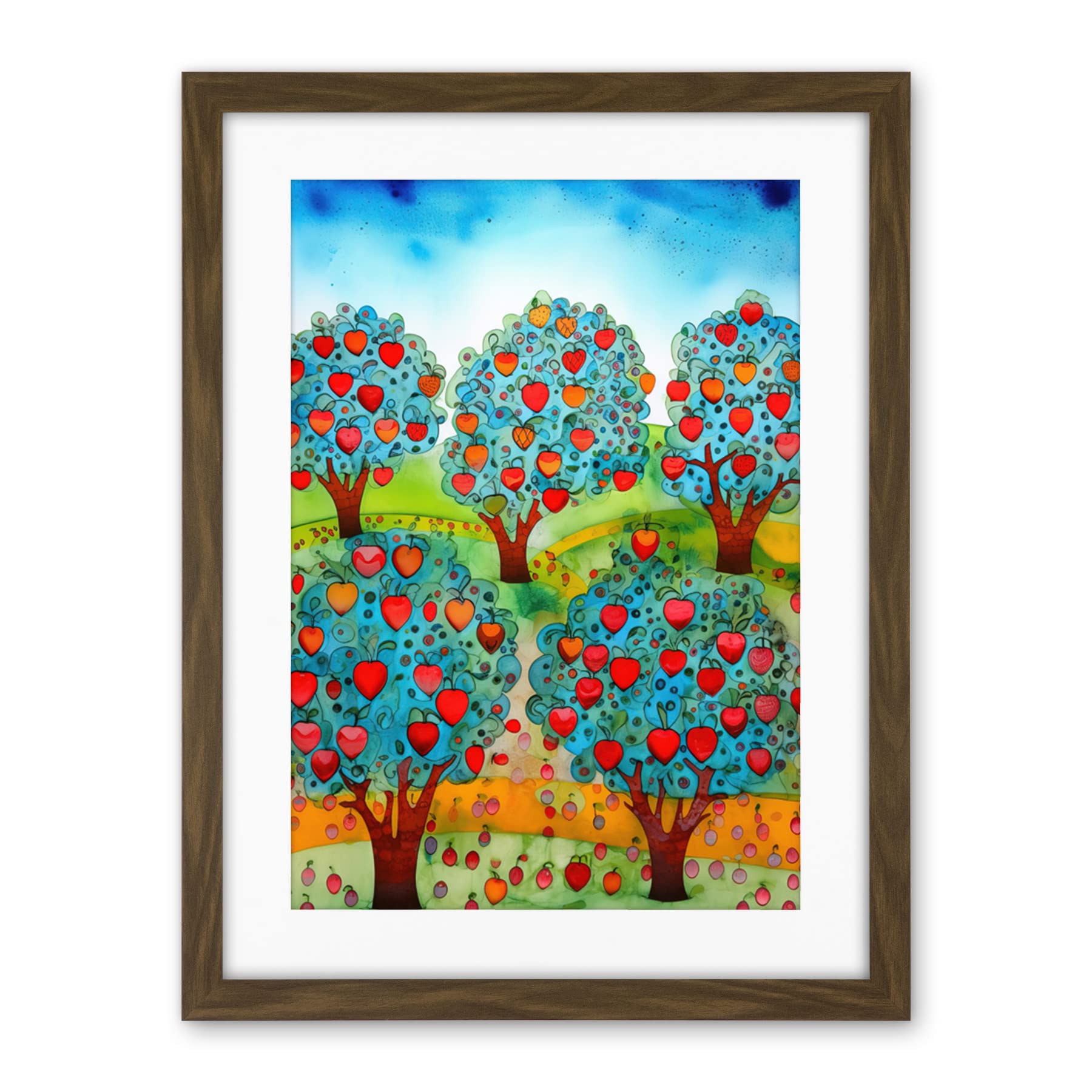 Artery8 Apple Orchard Trees Ready For Harvest Folk Art Landscape Watercolour Painting Artwork Framed Wall Art Print 18X24 Inch