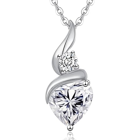 Moissanite Heart Pendant Necklaces for Women, 925 Sterling Silver Necklace with Birthstone, Ideal Anniversary Present or Birthday Christmas Valentine Mothers Day Jewelry Gifts for Mom Wife Her Girlfriend