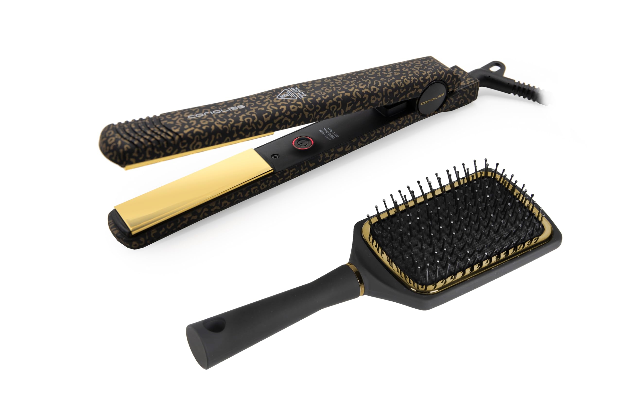 Corioliss C-​Style | Plancha del Pelo | Placas de Titanio | Control de Temperatura 165º-​220º | Iónica | Alisado Ondas | Incluye Cepillo Paddle | Calentamiento 30 Seg | Cable Giratorio | Leopard Gold