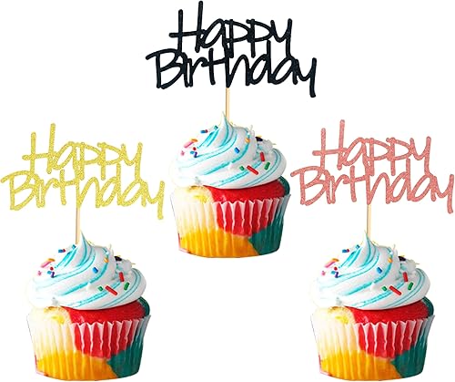 Vista 7 de 24 piezas de decoración para cupcakes de feliz cumpleaños premontados con purpurina negra para pasteles, alimentos y frutas para celebrar fiestas