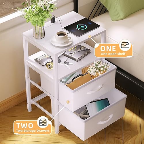 Miniatura 3 de Simple Trending Mesa auxiliar con estación de carga, mesita de noche alta con cajones de tela para vivir, color blanco