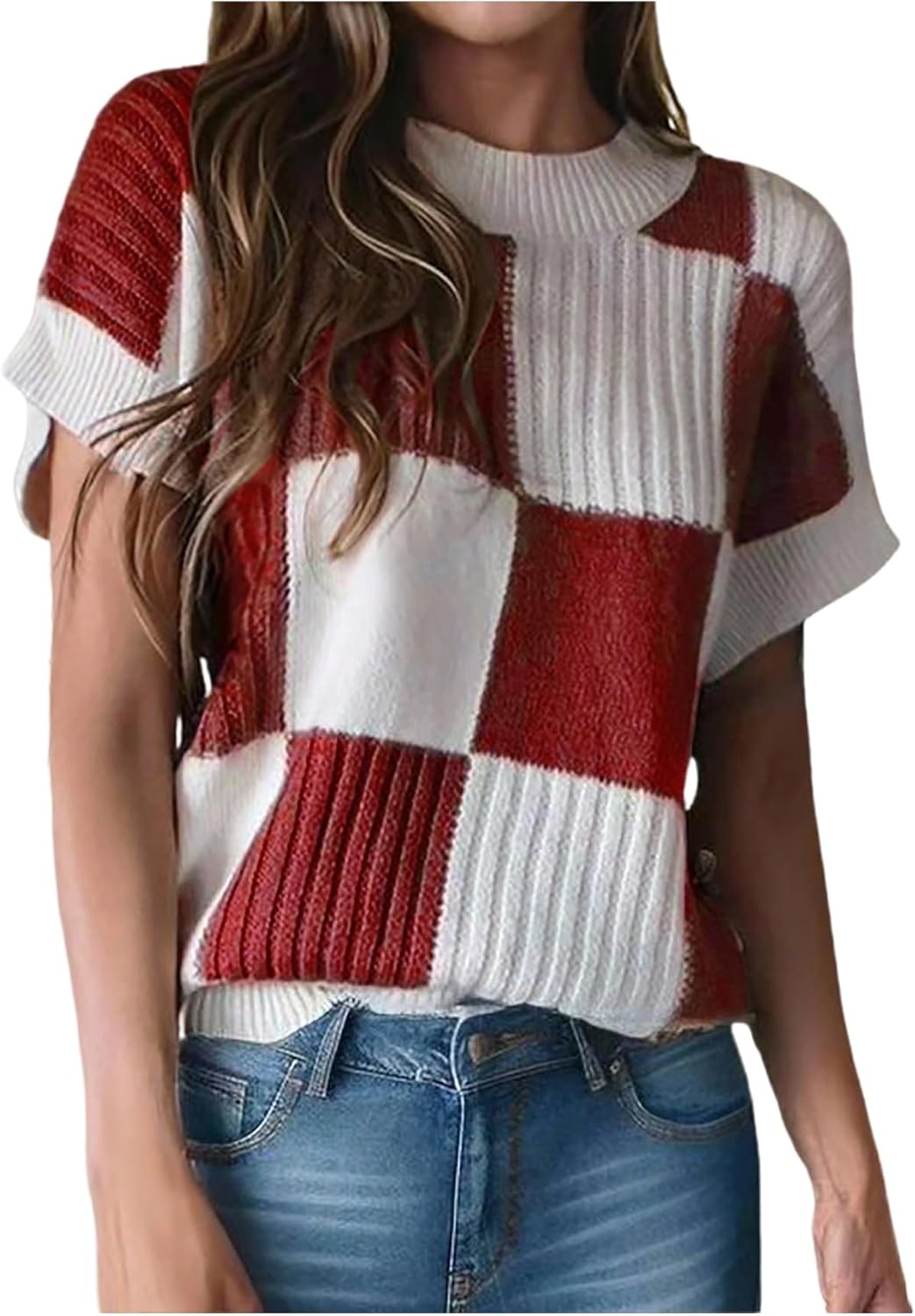 SweatyRocks Women's Cap Sleeve Tops Trendy Color Block Crew Neck Casual Sweaters Short Sleeve Knit Pullover Tops