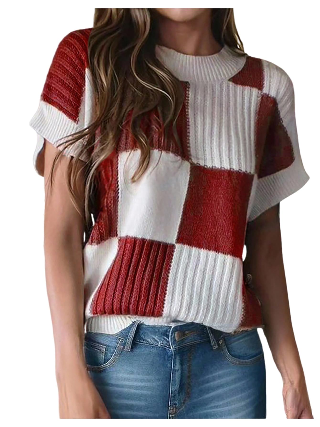 SweatyRocks Womens Cap Sleeve Tops Trendy Color Block Crew Neck Casual Sweaters Short Sleeve Knit Pullover Tops