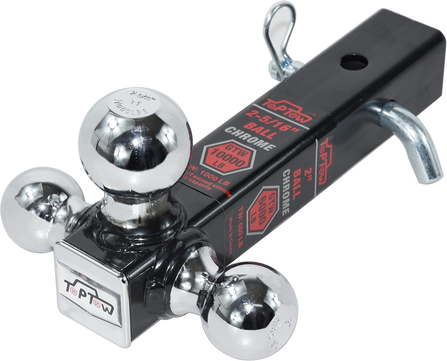 TOPTOW 64173HP Trailer Hitch Tri Ball Mount with 5/8 inch Hitch Pin, Chrome Balls, Fits for 2 inch Hitch Receivers, Hollow Shank Chrome ball with pin