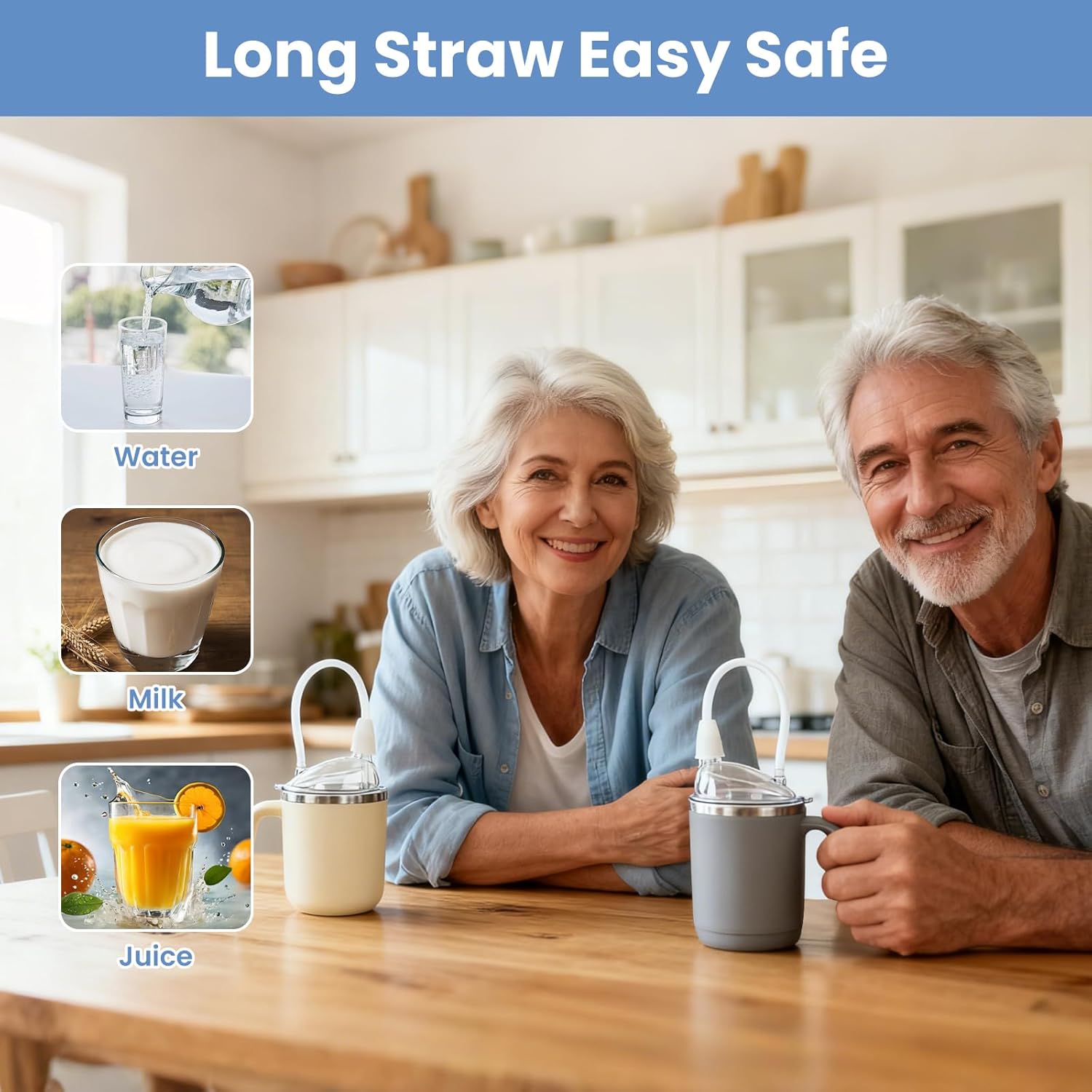 Adult Sippy Cup, 2-Pack 15 oz Stainless Steel Drinking Cup with Handle, Spill-Resistant Lid, 3-in-1 Design with Long Straw, Easy-Hold Cup for Seniors, Home and Daily Use, Grey & Beige