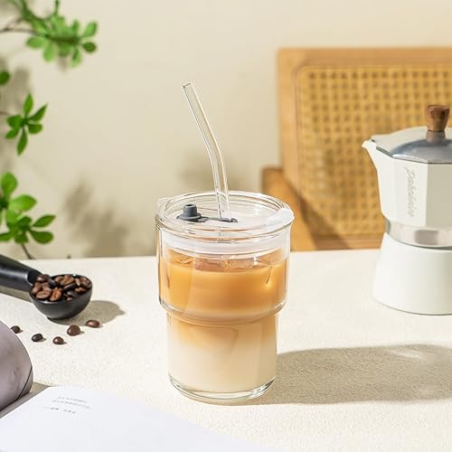 Miniatura 7 de Vaso de vidrio de 13 onzas con popote y tapa, vaso reutilizable para café helado, bonitas tazas de vidrio para agua, matcha, tazas de café de viaje