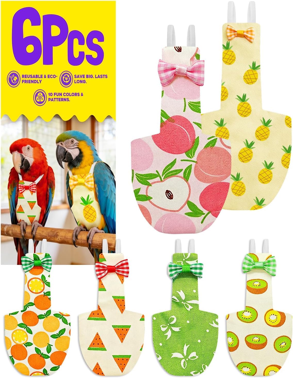 6Pcs Large Size Bird Diapers, Reusable Parrot Pigeon Pants, Leakproof Poop Control Suit for Cockatiel Conure Macaw Parakeet, Indoor Outdoor Nappy for Medium Birds