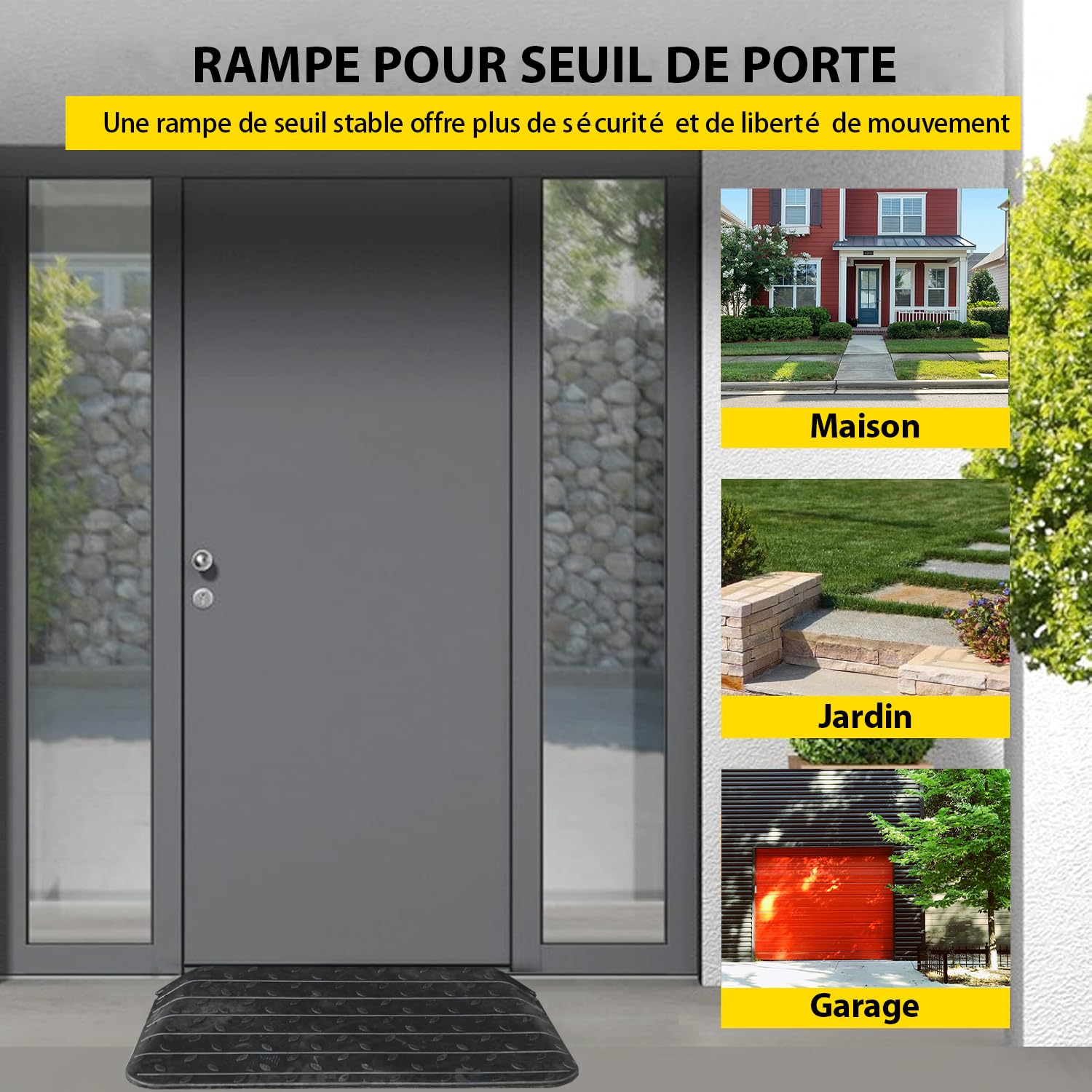 Rampe de trottoir en caoutchouc noir - Rampe de porte pour fauteuil roulant - 90 x 46 x 7,5 cm