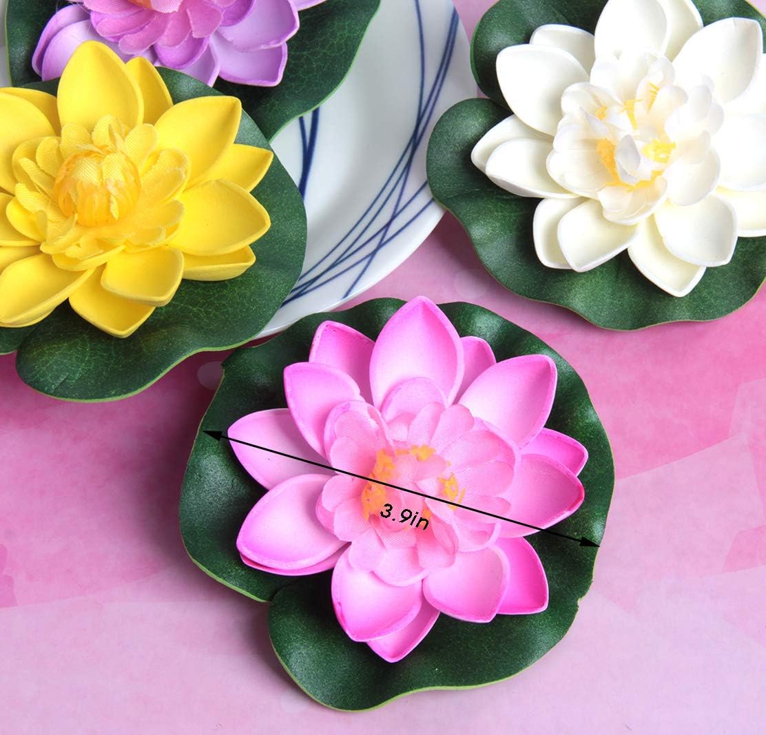 SBYURE 7 PCS Artificial Floating Lotus Flowers,Floating Pond Decor Realistic Foam Water Lily Lotus Flower,3.9 Inch (Yellow/Pink/Blue/Purple/Ivory/Orange/Red) for Home Garden Patio Pond