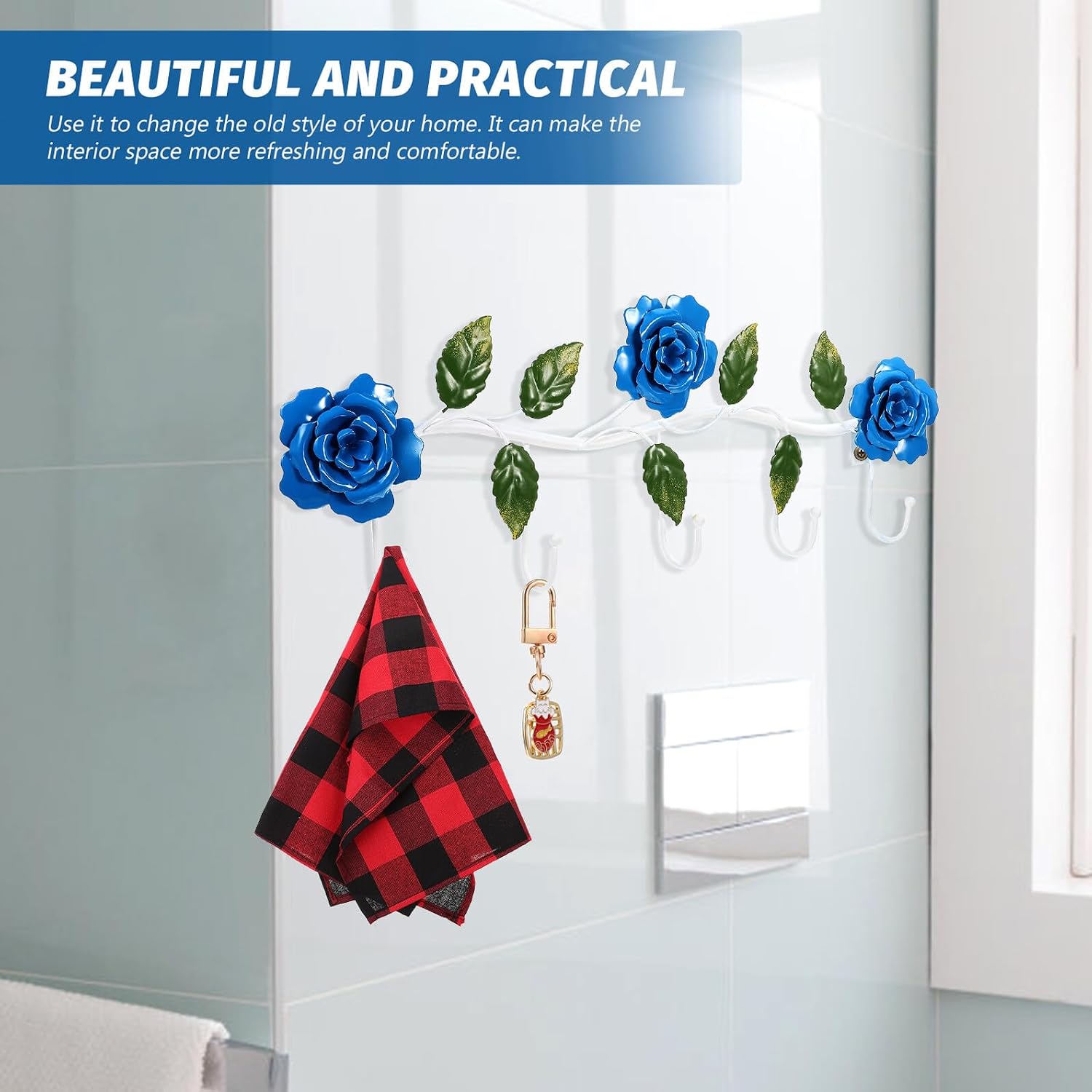 Decorative Wall Hanger Hook Rack with Blue Rose Iron Flower Design, Purse and Clothes Hanging Utility Hook for Bathroom Entryway Bedroom Storage