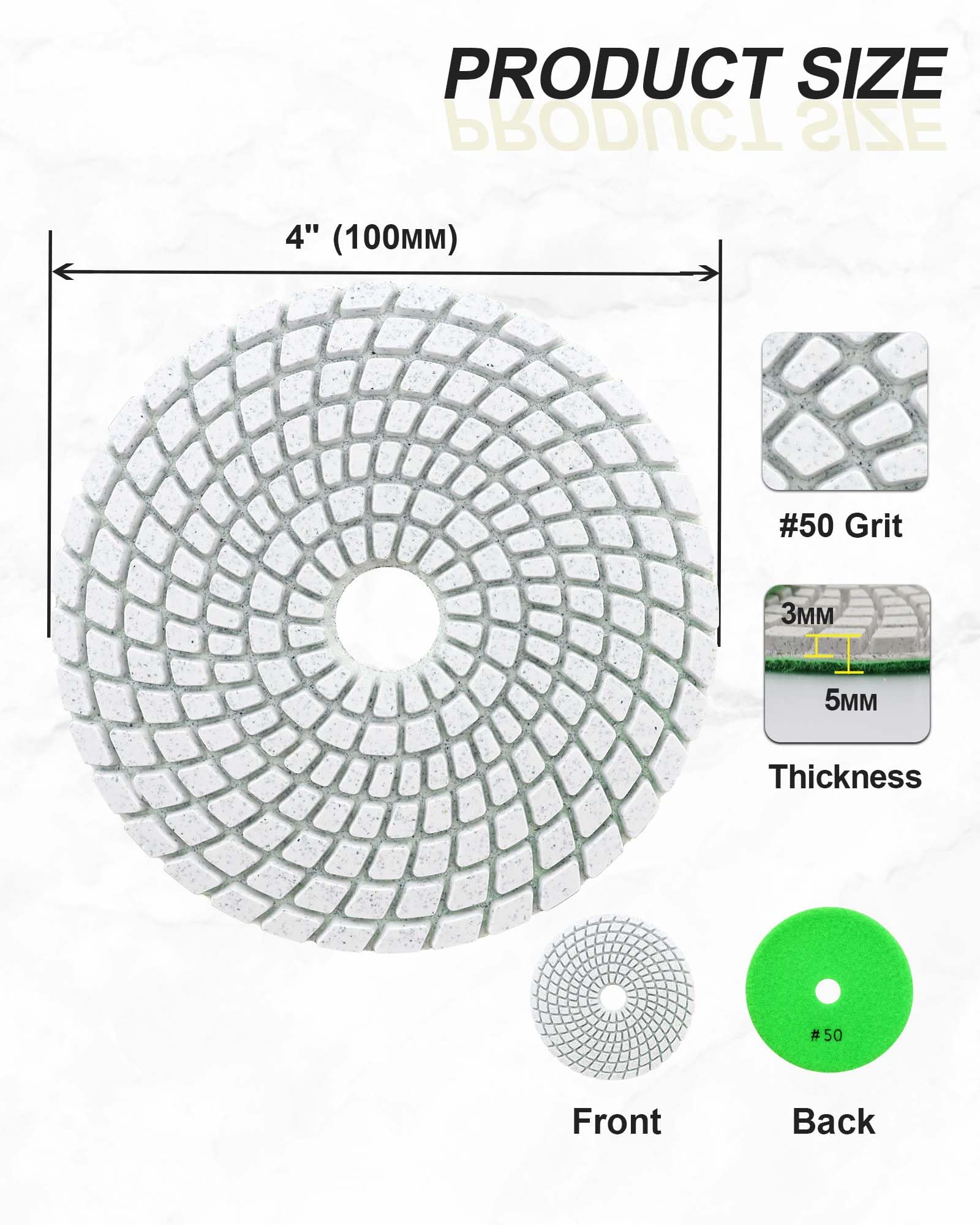 Almohadillas Pulidoras Diamantadas Húmedas 4"/100mm - 6piezas Grano 50 Discos Pulido para Granito Mármol Piedra Artificial Cuarzo para Amoladora Angular SANLEETEK