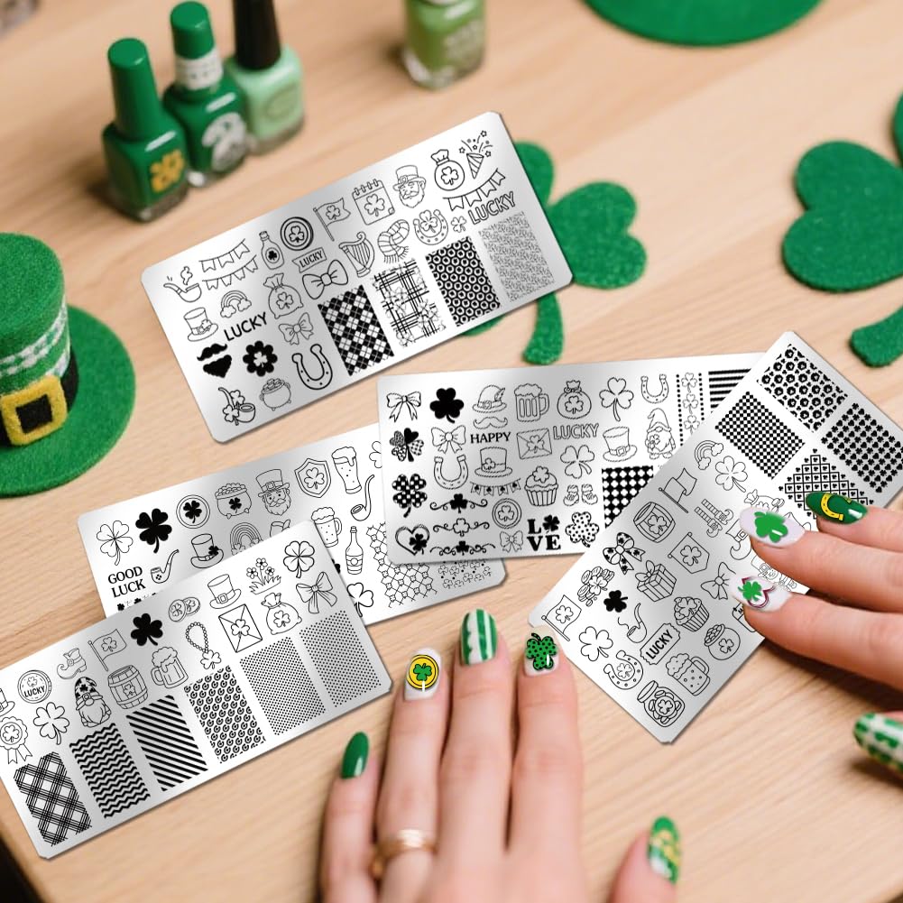 PH PandaHall 5 piastre per stamping per unghie di San Patrizio Lucky Shamrock Nails modelli artistici arcobaleno gnomo unghie immagine timbro trifoglio cappello unghie stencil arte per stampa fai da