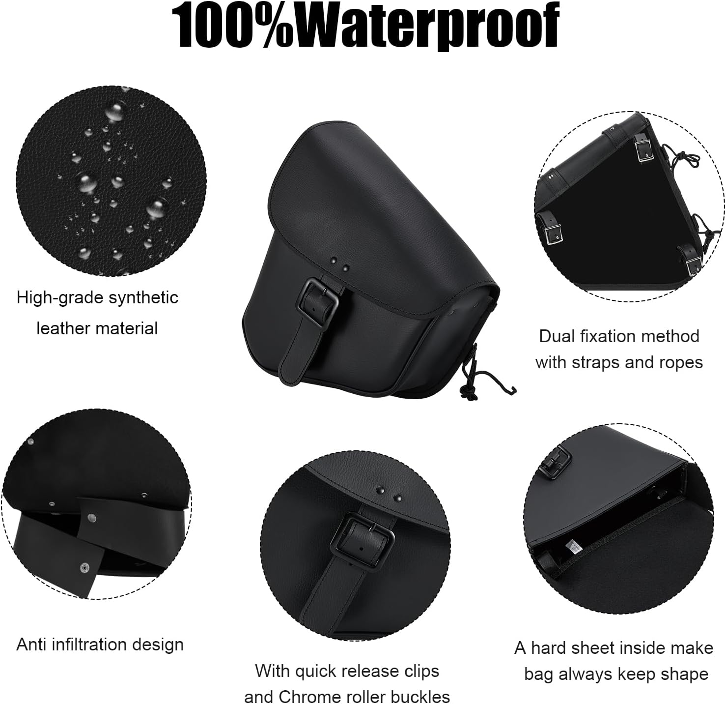 Motorcycle Saddle Bags Synthetic Leather Motorcycle Solo Swing Arm Bag For Softails Sportsters Choppers Waterproof Side Bags (Left Side, Black-Single Buckle, 11.5" x 10.25" x 3.9")