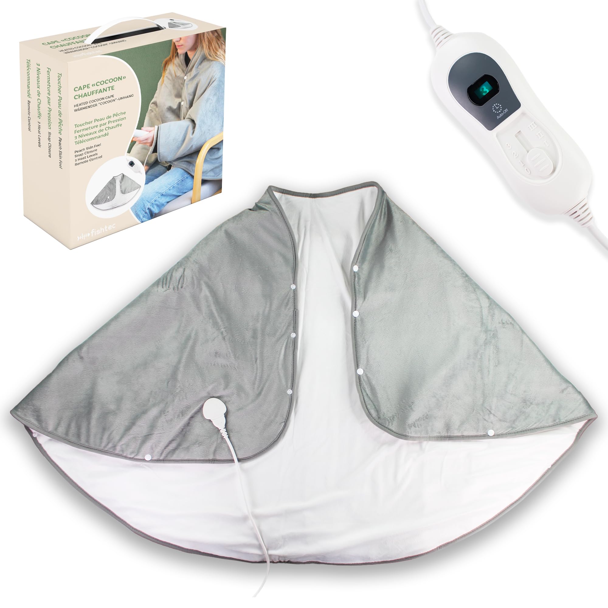 FISHTEC - Cape chauffante XXL en velours - 3 niveaux de chauffe 35 à 45°C - Format 150 x 90 cm - Arrêt automatique 3 h - Télécommande amovible - Tissu doux lavable - Confort cocooning à la
