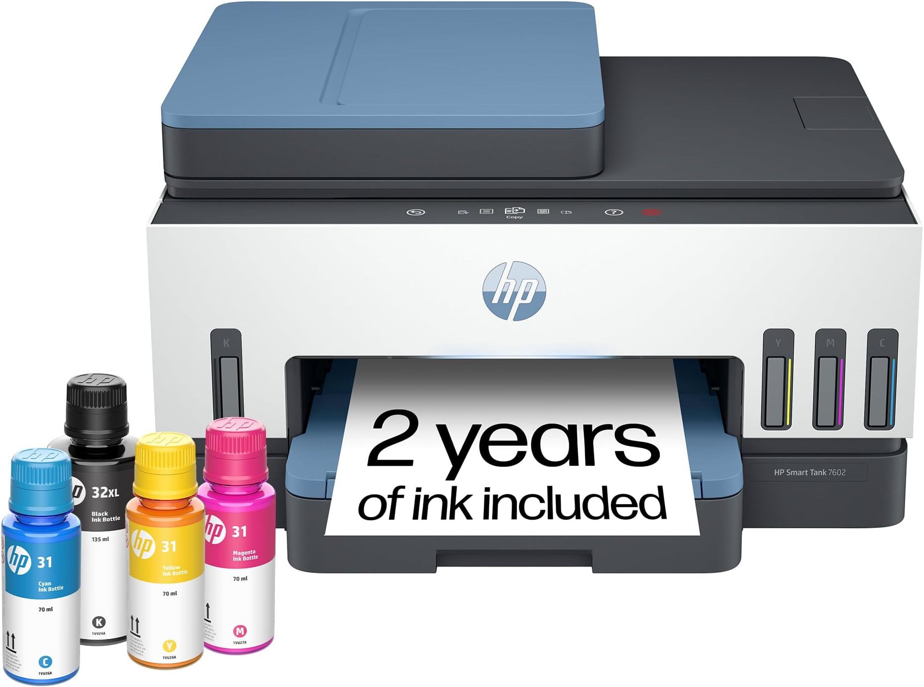 HP Smart Tank 7602 Wireless All-in-One Ink Tank Printer with 2 years of ink included, Print, scan, copy, fax, Best for home, Refillable ink tank (28B98A)