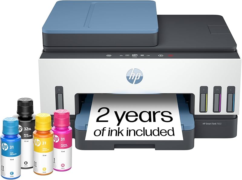 HP Smart Tank 7602 Impresora inalámbrica todo en uno con tanque de tinta, escáner, fotocopiadora con 2 años de tinta incluida, la mejor para la oficina en casa, recargable sin cartuchos, habilitada para IA (28B98A)