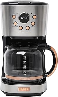 Haden Coffee Machine, 12 Cup Programmable Drip Coffee Maker with Auto Shut-Off Function and Reusable Washable Water Filter, Steel & Copper