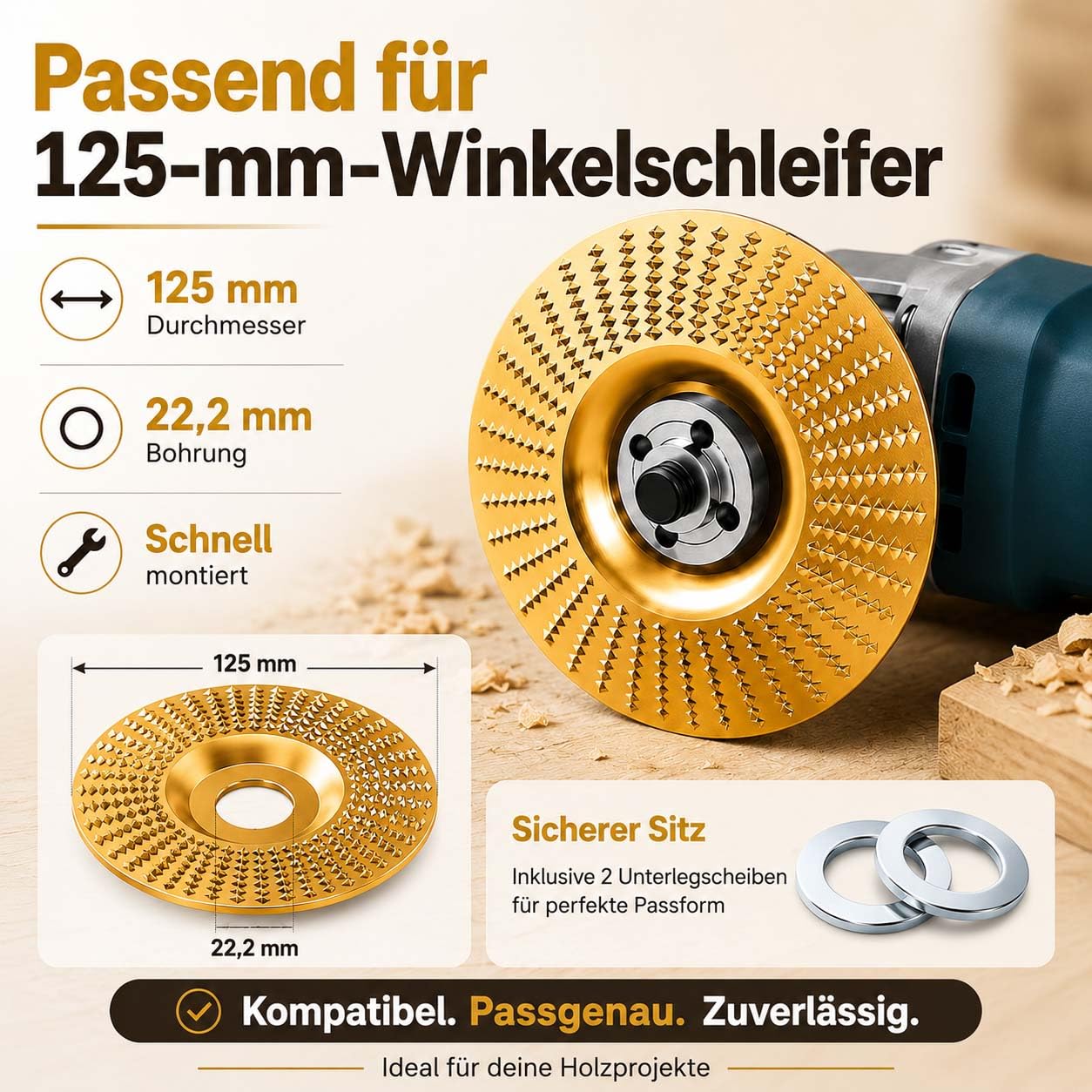 Wolframkarbid Holzschleifscheibe 125mm für Winkelschleifer, Holzschnitzscheibe mit 22,2 mm Bohrung, Raspelscheibe Holz zum Schleifen, Formen, Schnitzen, Entgraten und Trimmen von Holz (3 Mix)
