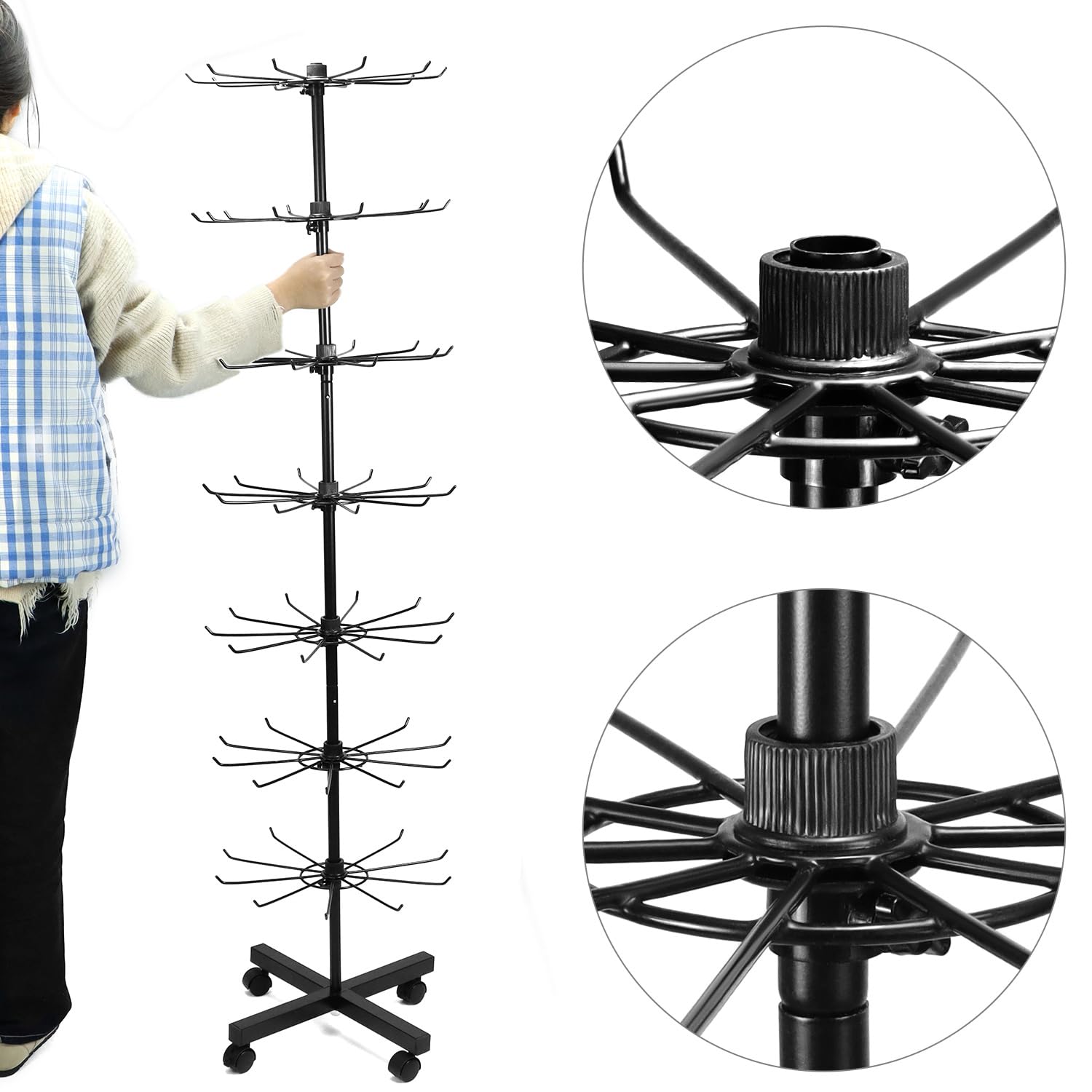 QWORK® 7 livelli espositore per articoli, espositore girevole in metallo, per cappelli, gioielli, calzini e sciarpe di seta, con ruote