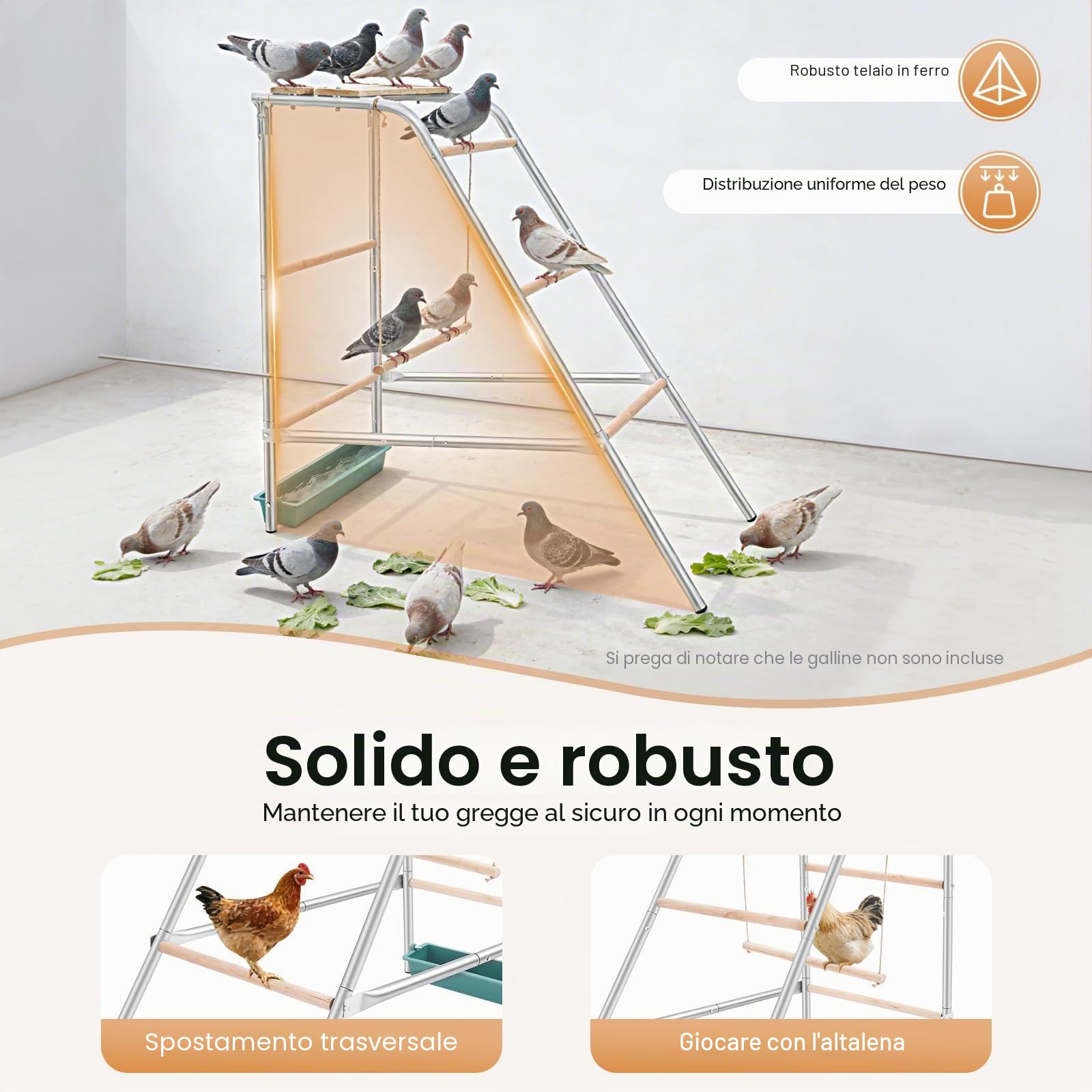 110 x 49 x 100 cm, posatoio per polli, in legno di eucalipto, a 4 livelli, con tromba, giocattolo per polli e galline