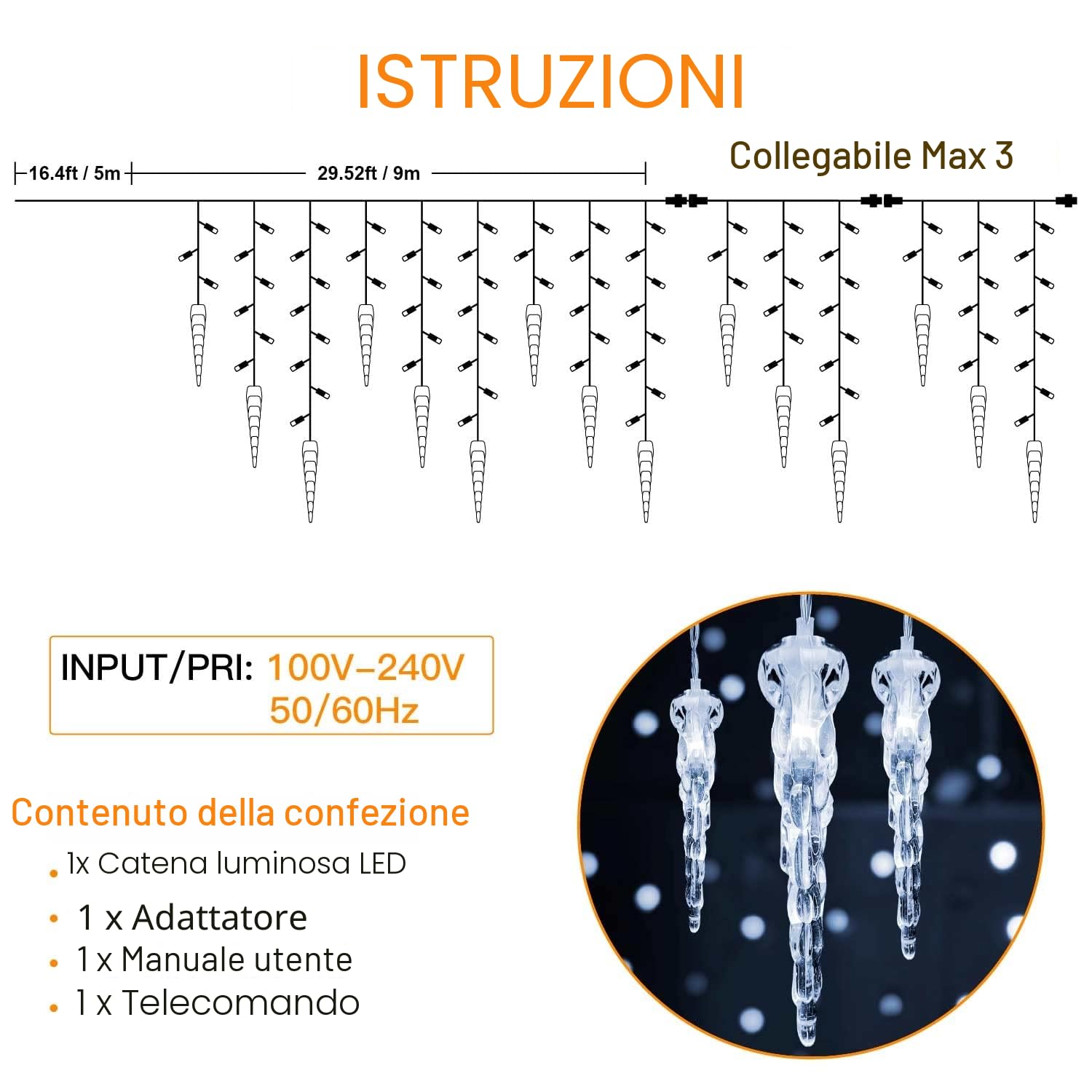 Decorazione Natalizia All'Aperto 10M 360 LED 8 Modalità Di Illuminazione Tenda Luminosa Esterna Waterproof Catena Luminosa Giardino per la Decorazione Esterni di Natale,Bianco Freddo