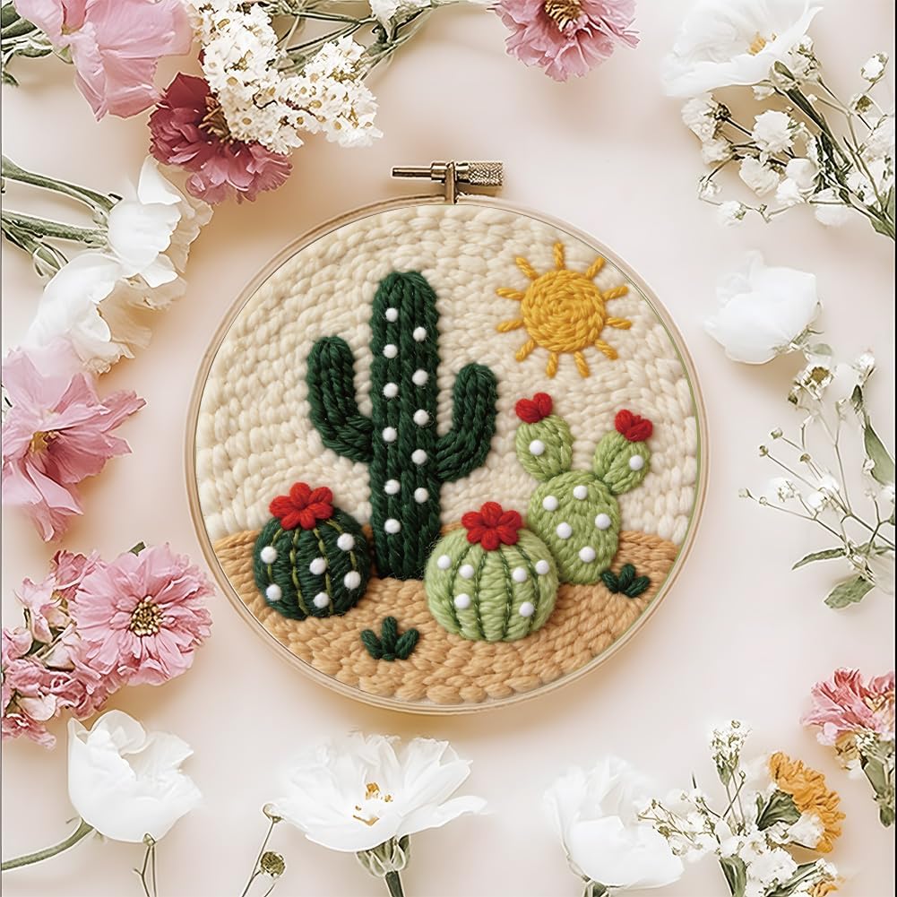 FREEBLOSS DIY Punch Needle Kit for Beginners Cactus&Sun Embroidery Punch Needle Starter Craft Set with Instructions Embroidery Hoop Complete Tools for Adults Gift Decoration, 7.9"/20cm