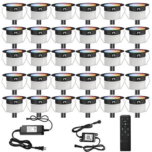 FVTLED LED Deck Lights Kit, 30pcs Φ1.22 WiFi Smart Phone Control Low Voltage Recessed RGBW Deck Lighting Waterproof Outdoor Yard Path Stair Decor, Black - 30 Pack - Rgbw (Wifi Controller)