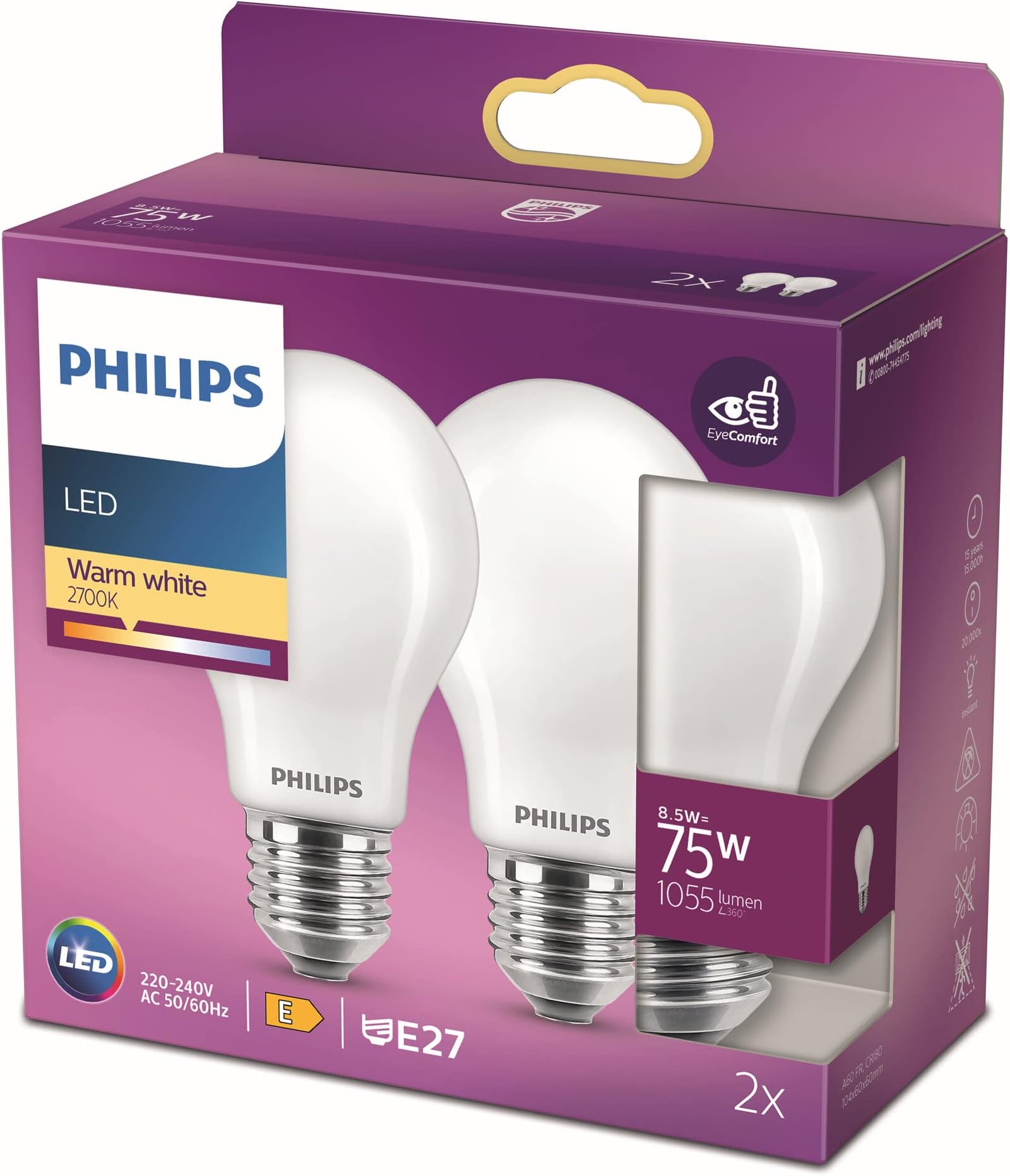 LED Premium Classic A60 Frosted Light Bulb 2 Pack [E27 Edison Screw] 8.5W - 75W Equivalent , Warm White 2700K, Non Dimmable