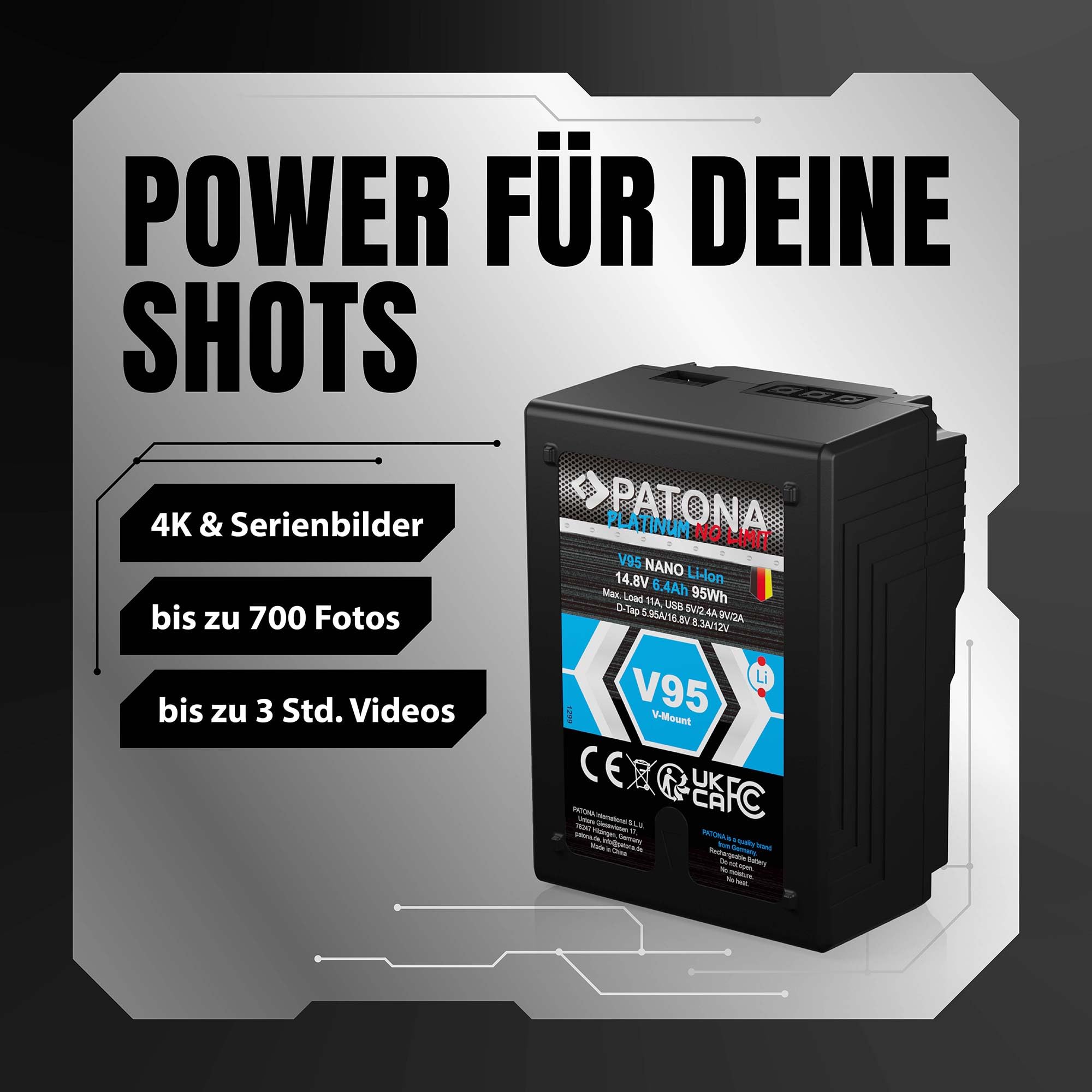 PATONA Platinum Nano V95 V-Mount Akku 95Wh 14,8V 6400mAh mit D-Tap & USB – ersetzt Sony BP-L60 BP-GL95 BP-FLX75 – für DSR-600P 650P, HDW-800P, PDW-850 – kompakte Dauerenergie für Kamera-Rigs