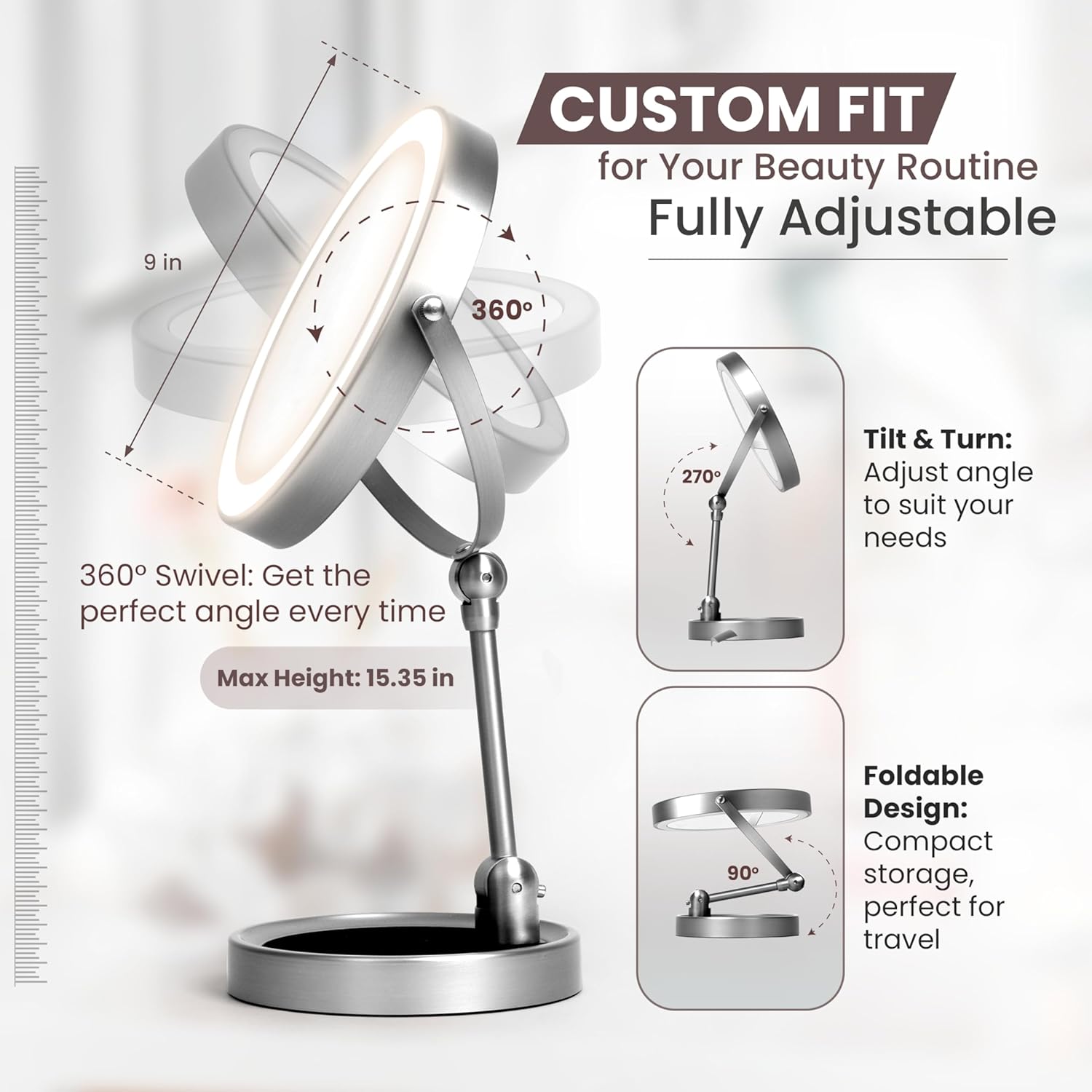 Smart 9" LED Light Makeup Mirror, Rechargeable, 1X/10X Magnifying Vanity Mirror with 3 Color Lights, Height Adjustable, Large Tall 360° Swivel Double Sided Standing Travel Mirror (Chrome)