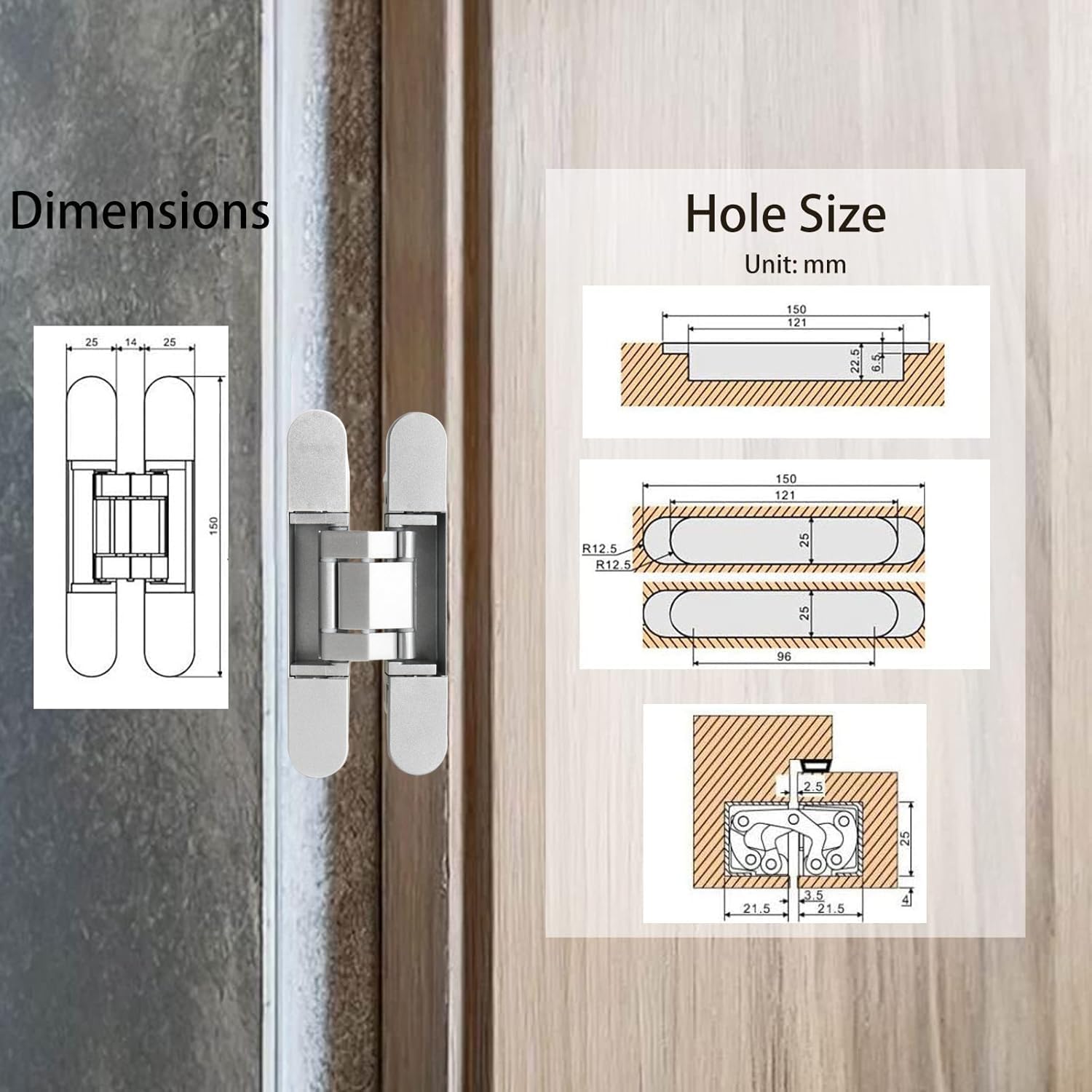 4-Pack 6 inch Hidden Door Hinges Heavy Duty Silver, Invisible Concealed Hinges Zinc Alloy 6''x 2.5''x1Inch, 180 Degree Swing Hinge, 3 Way Adjustable Hinge with Pins and Screws