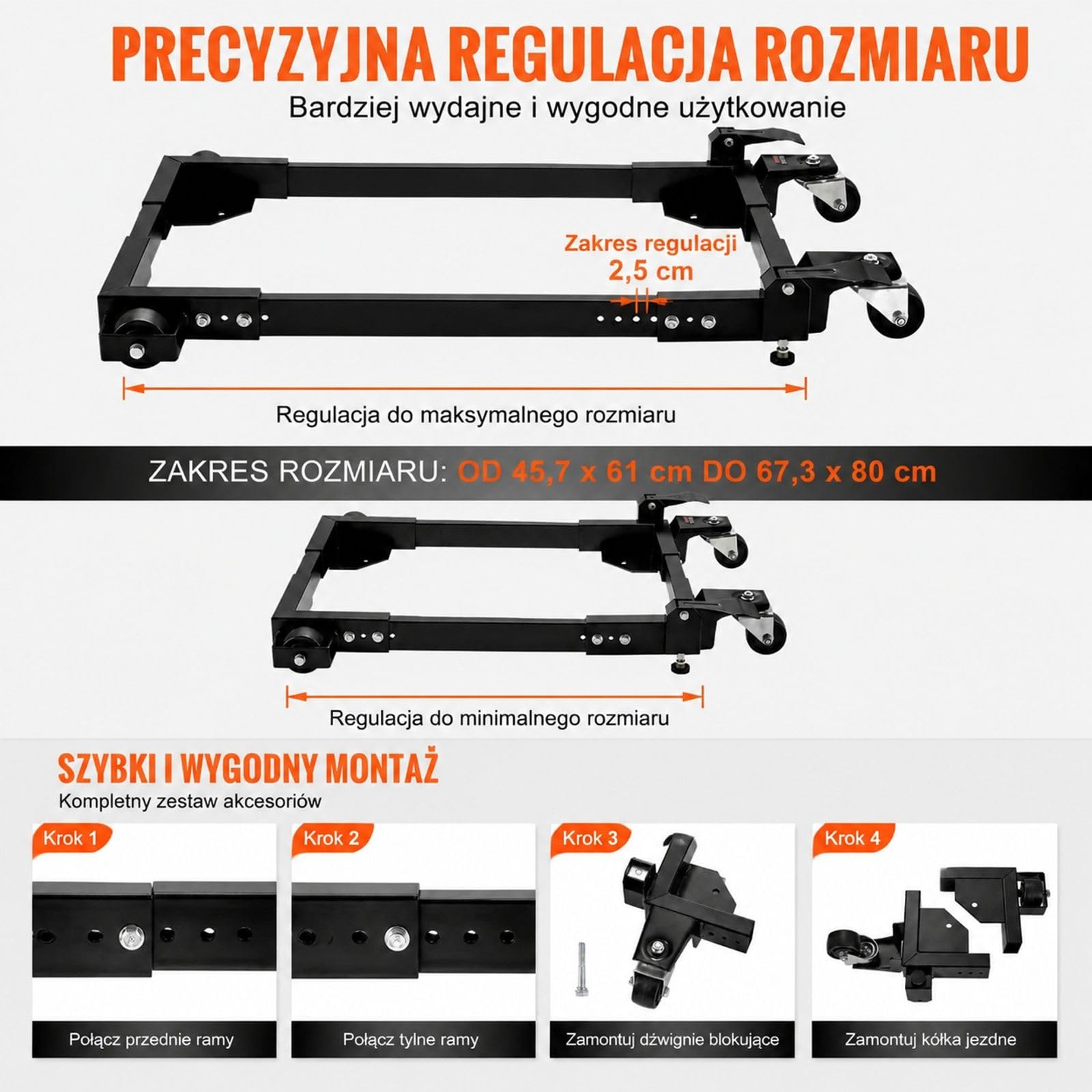Rolki transportowe do mebli z regulowaną podstawą mobilną i kółkami do szafek, urządzeń oraz warsztatu
