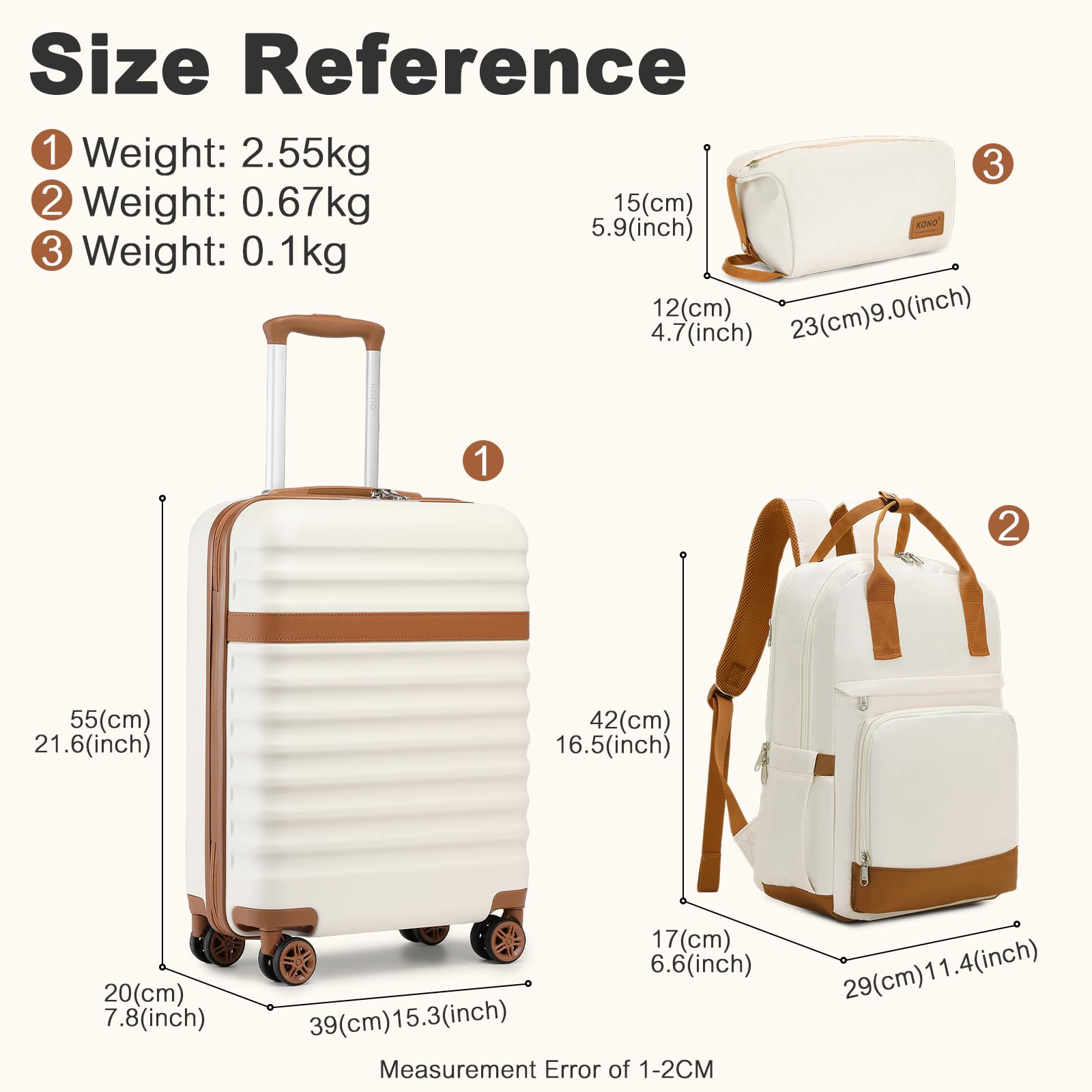 KONO Set di valigie Valigia bagaglio a mano ABS+PC Hardshell Travel Trolley con serratura TSA e 4 ruote Spinner, Crema/Marrone, 20 Inch Luggage Set, Valigia da viaggio leggera con guscio rigido