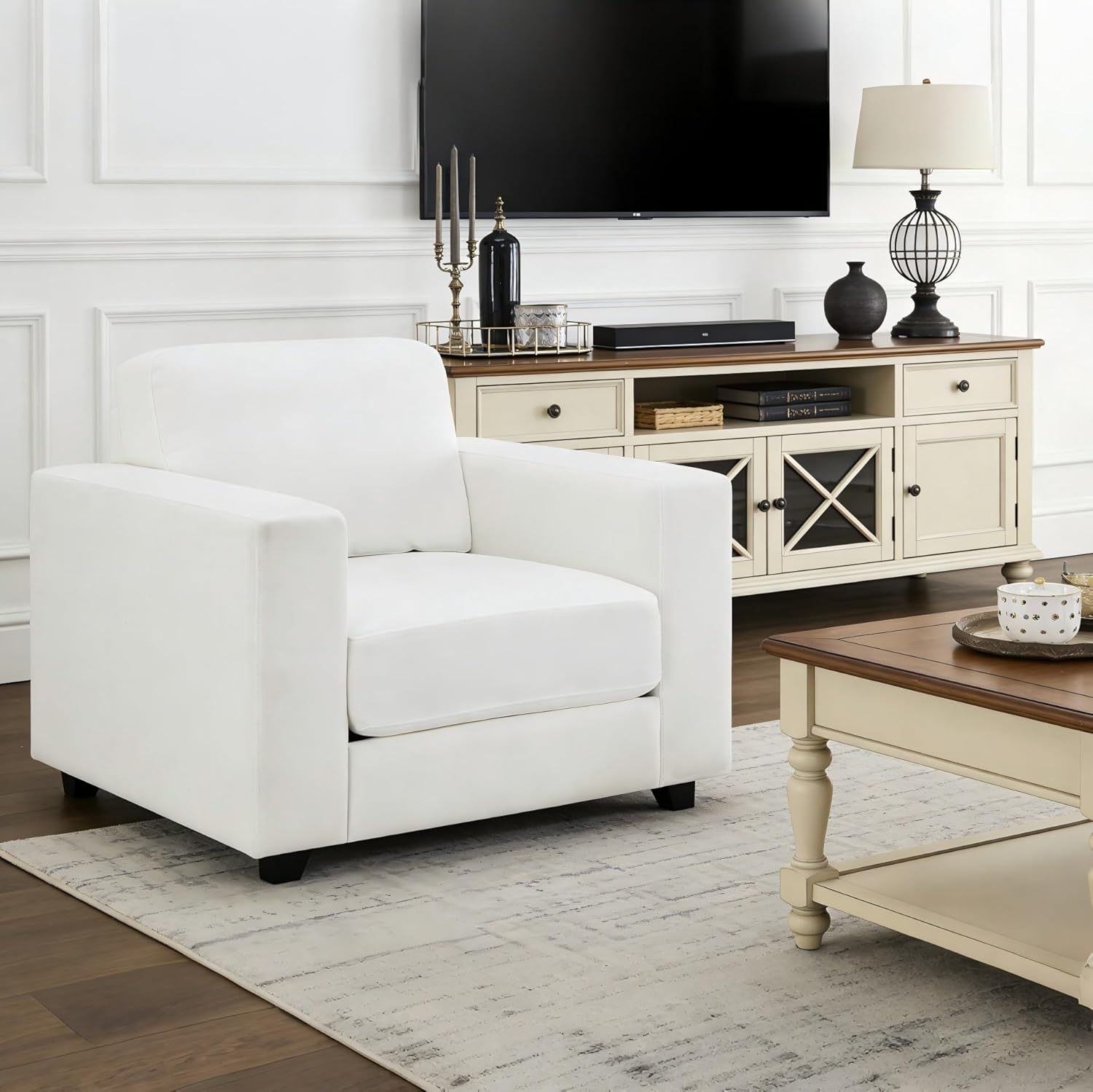 39" Oversized Accent Chair, Chenille Fabric Upholstered Armchair Comfy with 350lb Weight Capacity & 7-inch Thick Seat – The Perfect Reading Chair for Living Room, Bedroom, Office(A-White)