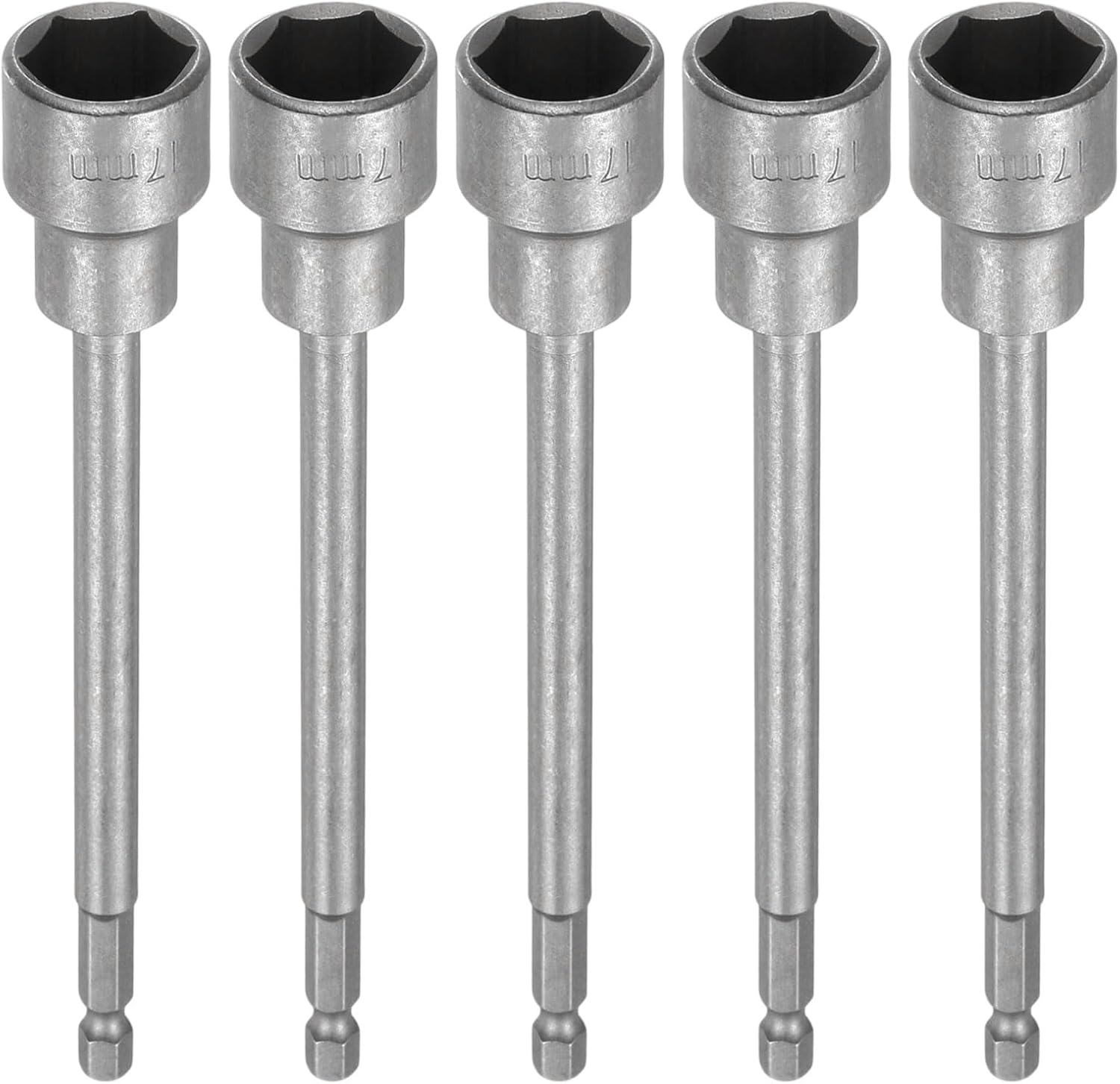 HARFINGTON 5pcs Nut Driver Drill Bit 17mm Metric Impact Socket 1/4" Hex Shank 6" (150mm) Extra Long Magnetic 6-Point Sockets Quick-Change CR-V Steel Bolt Setter for Power Drill Drivers