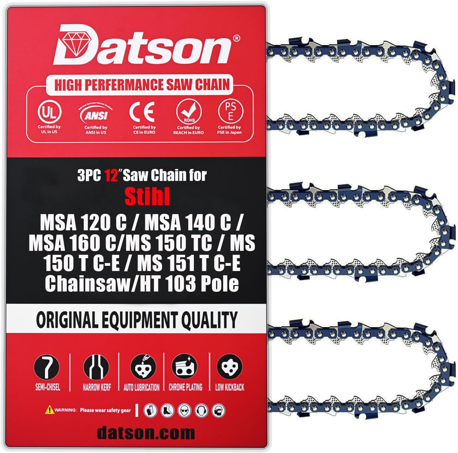 3PC 12 Inch Chainsaw Chain for STIHL MSA 120 C/MSA 140 C/MSA 160 C/MS 150 TC/MS 150 T C-E/MS 151 T C-E/HT 103 Pole Pruner 71PM3-64, 12" Chainsaw Chain for 3670-005-0064
